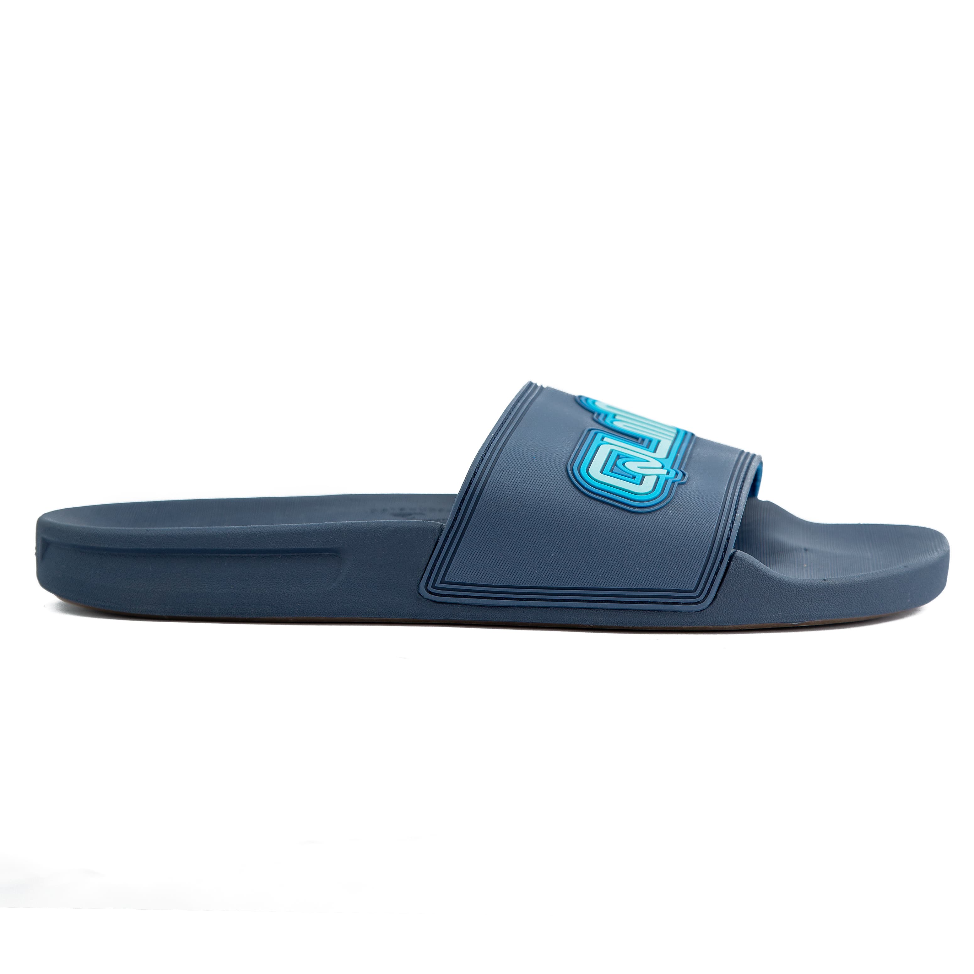 Quiksilver Molokai Layback Slides in navy blue with a blue gradient logo. Comfortable, stylish, and perfect for casual wear, beach, or poolside lounging.