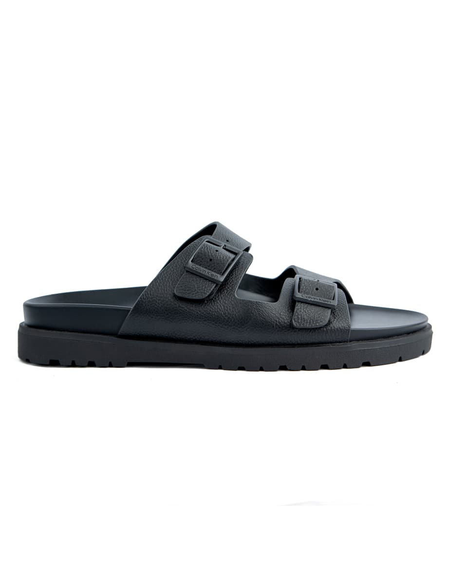 Calvin Klein Black Double Strap Sandals, Unisex Comfortable Summer Footwear with Adjustable Buckles, Stylish & Durable for Men and Women.