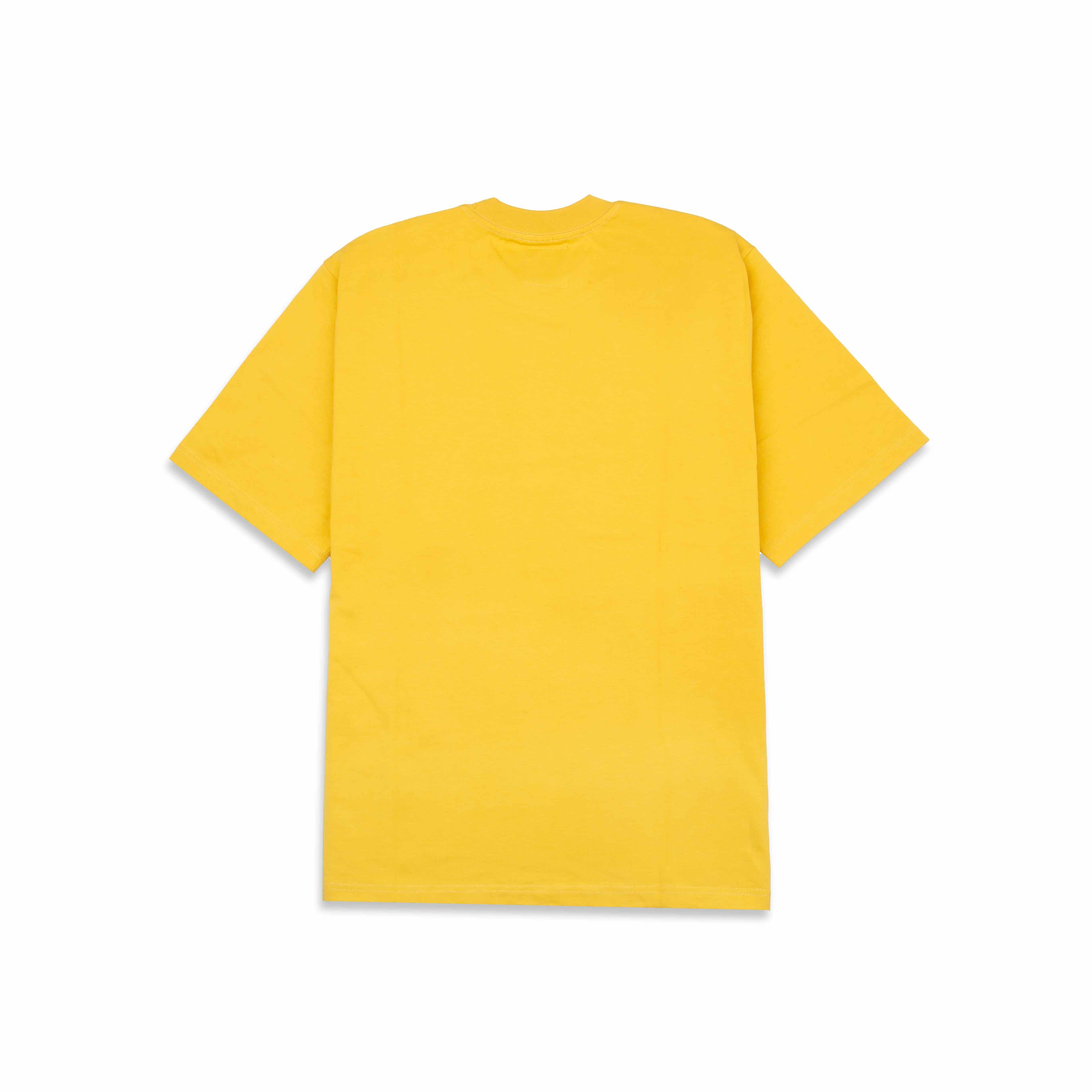 Agu & Sons yellow t-shirt with a distressed black smiley face design.