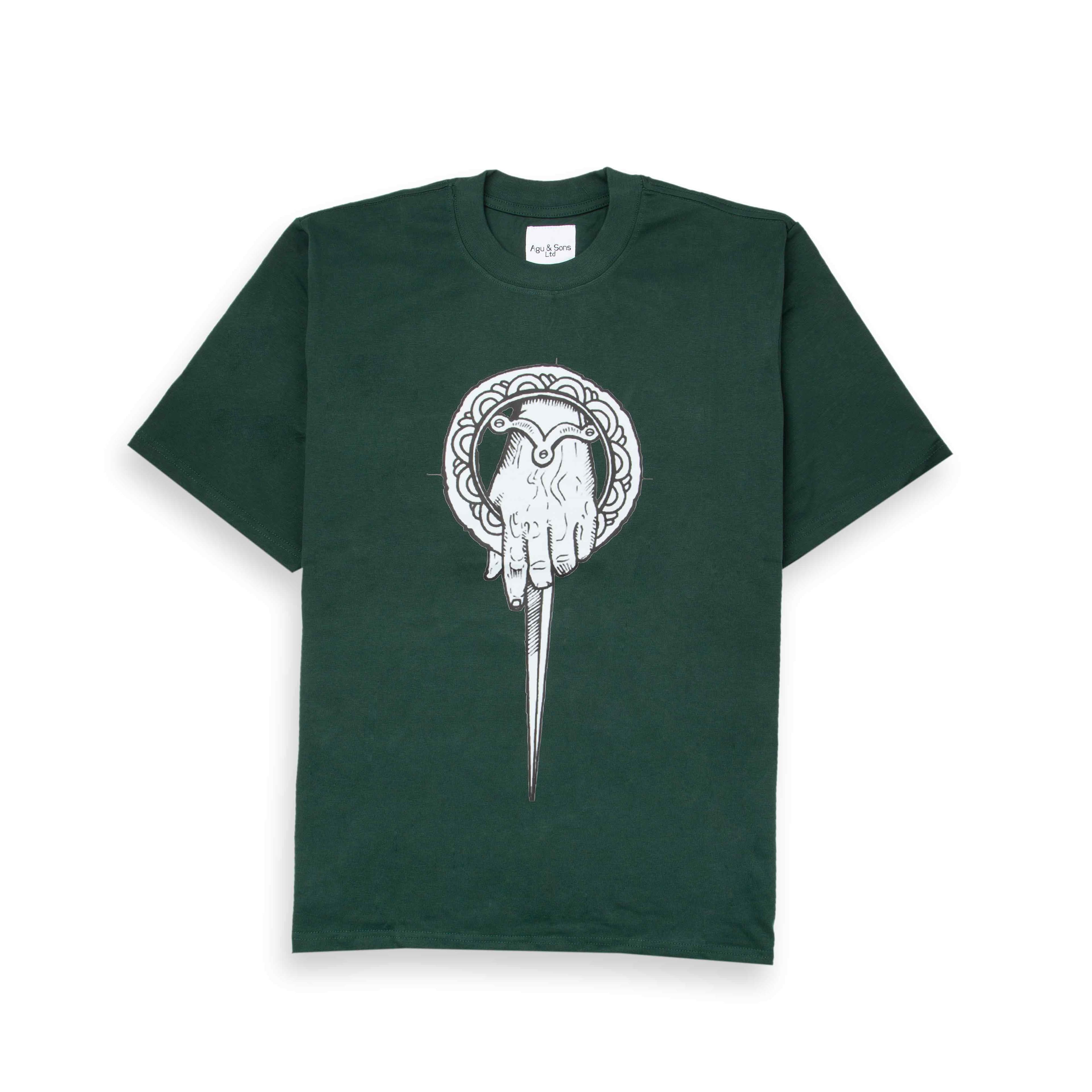 Agu & Sons Ltd dark green t-shirt with white "Hand of the King" graphic.