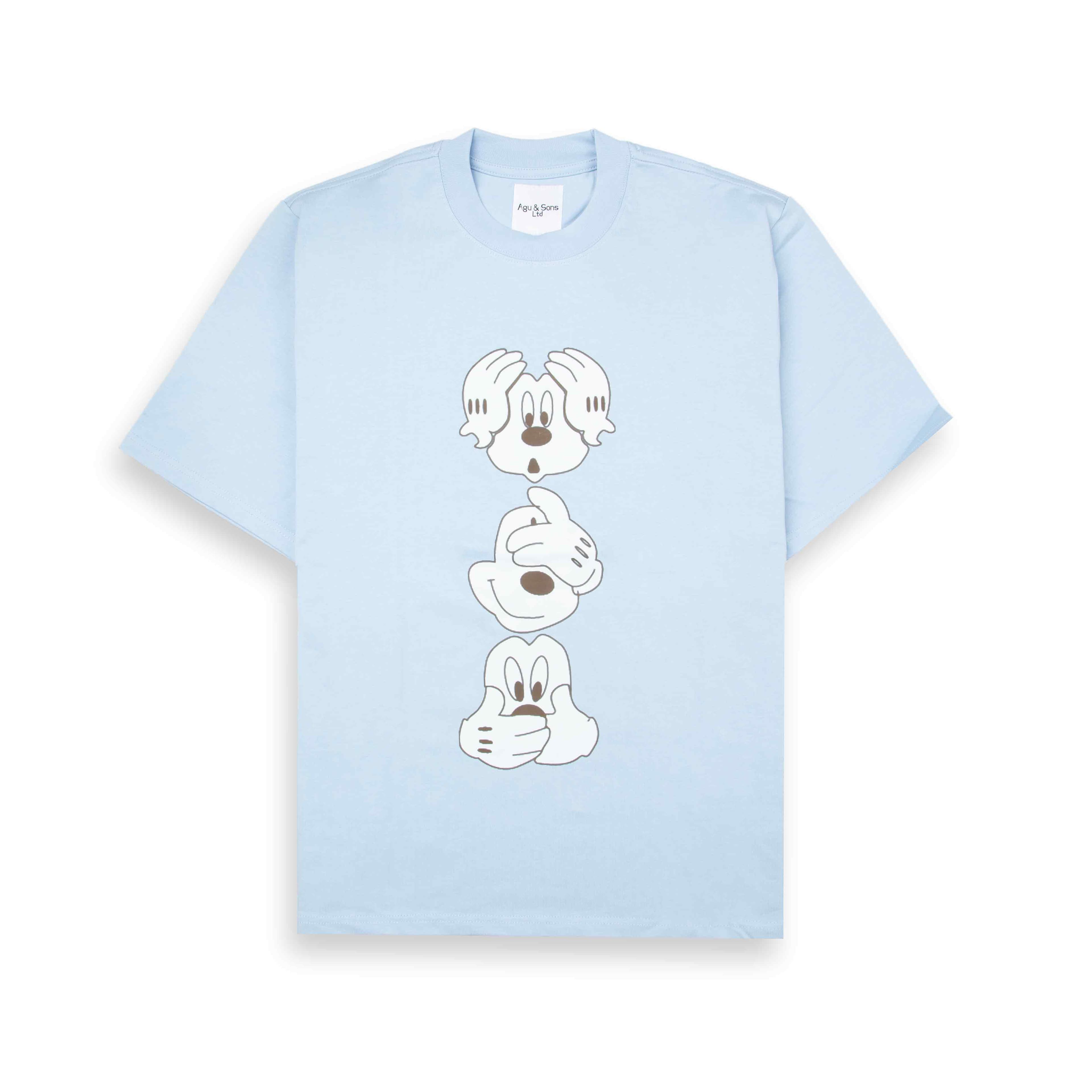 Light blue t-shirt with Mickey Mouse "See No Evil" graphic.