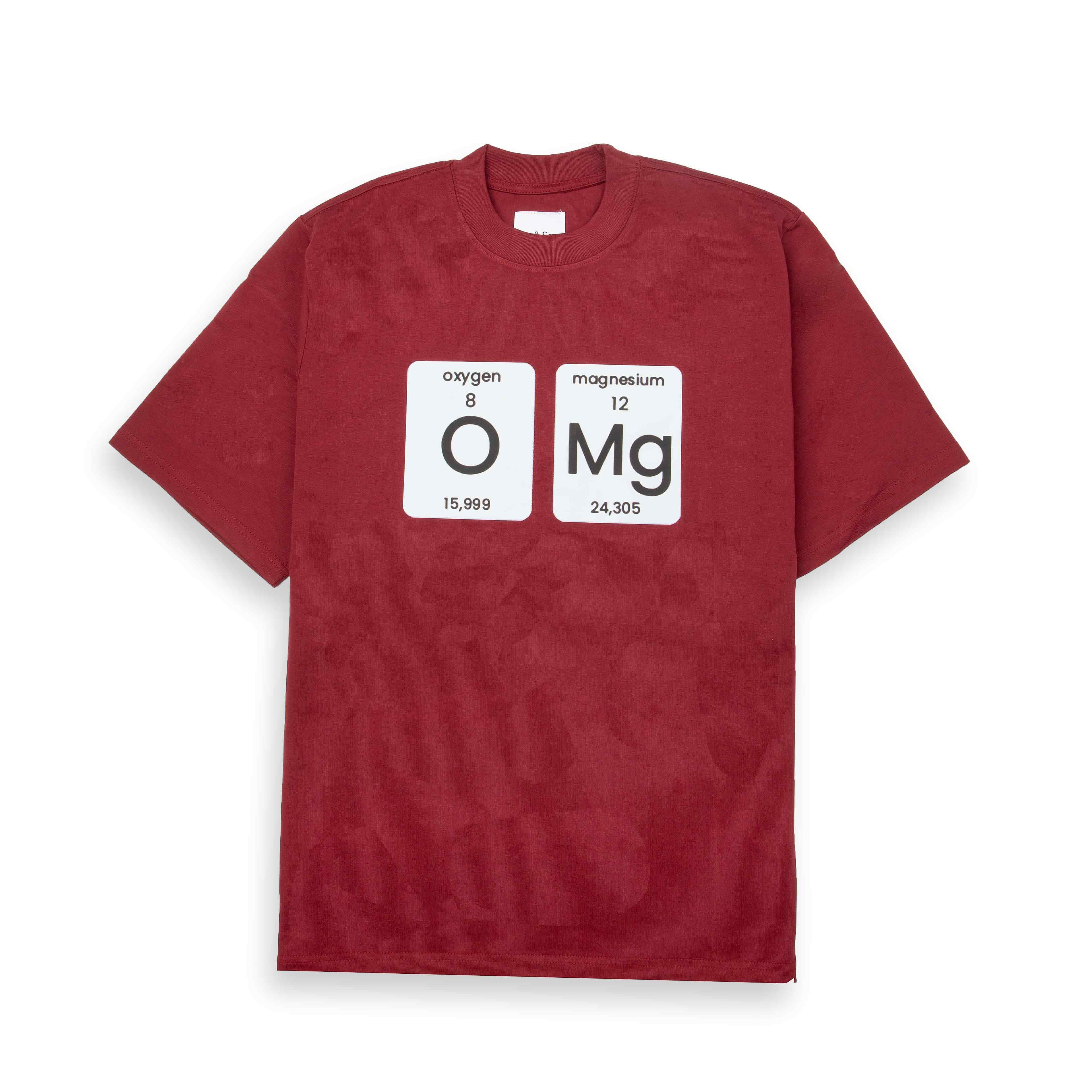 Maroon t-shirt with "OMG" periodic table element graphic. Funny science tee.