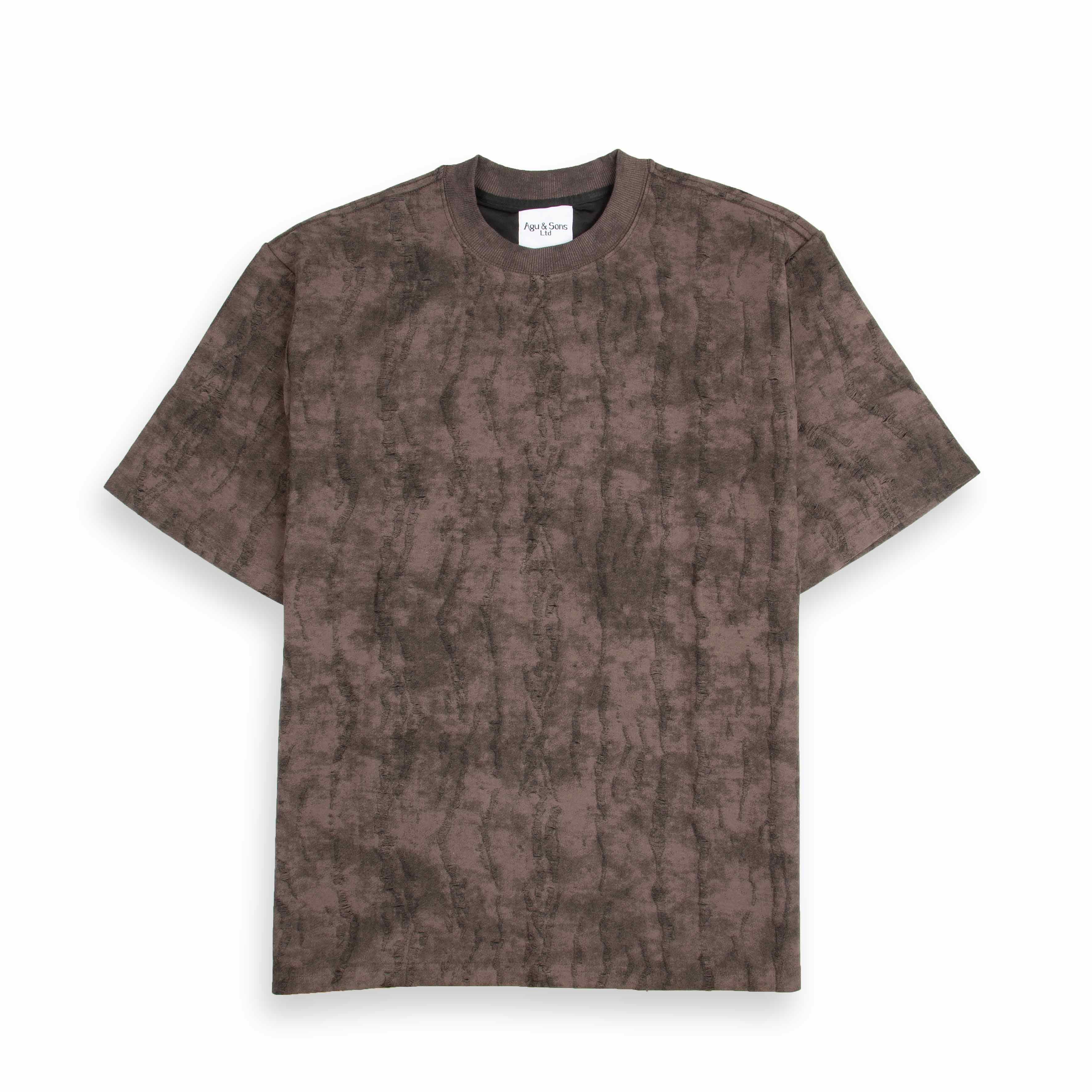 Agu & Sons Ltd t-shirt in brown and black, featuring a relaxed fit and textured design for a trendy and comfortable casual look.