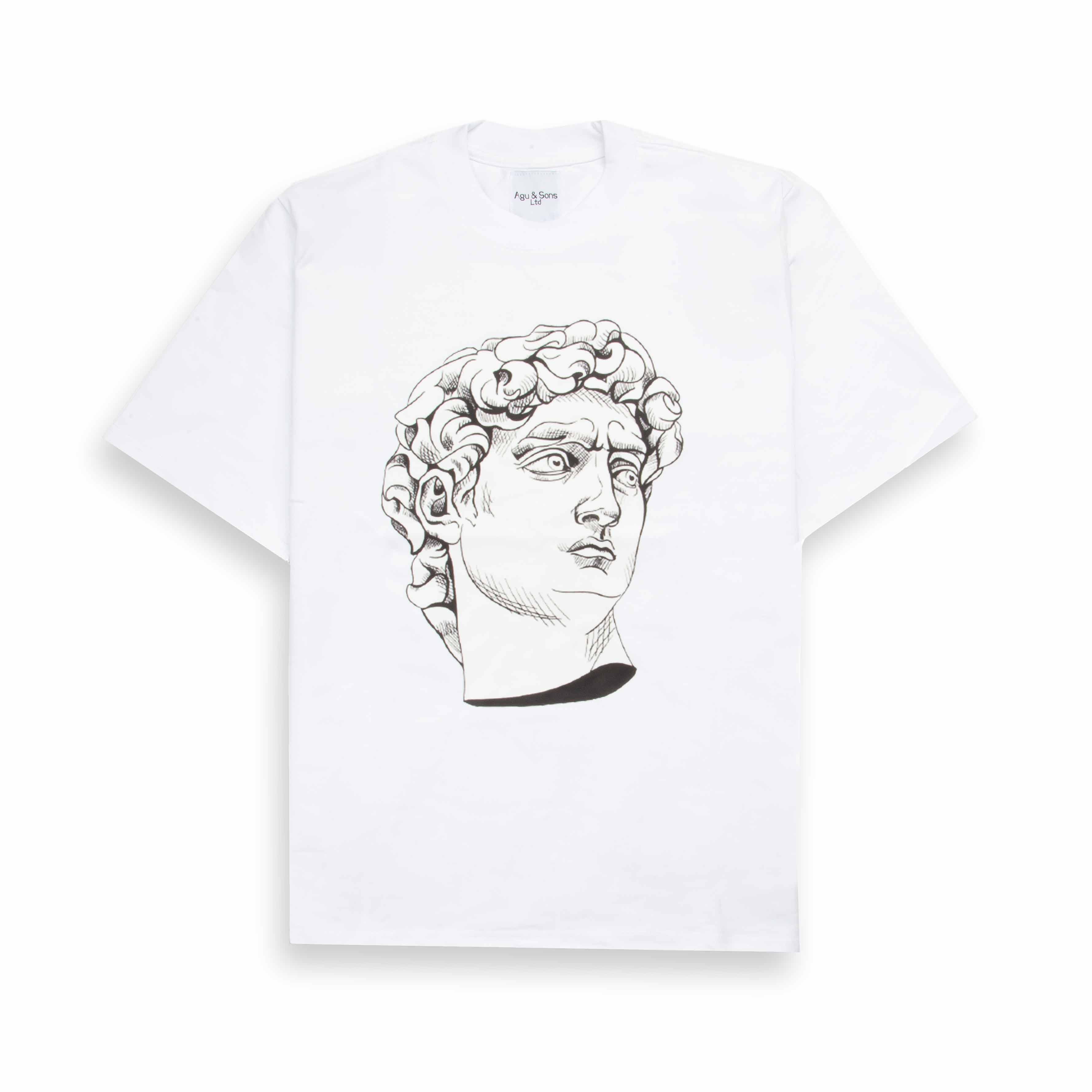 White t-shirt with black David head graphic. Renaissance art tee.