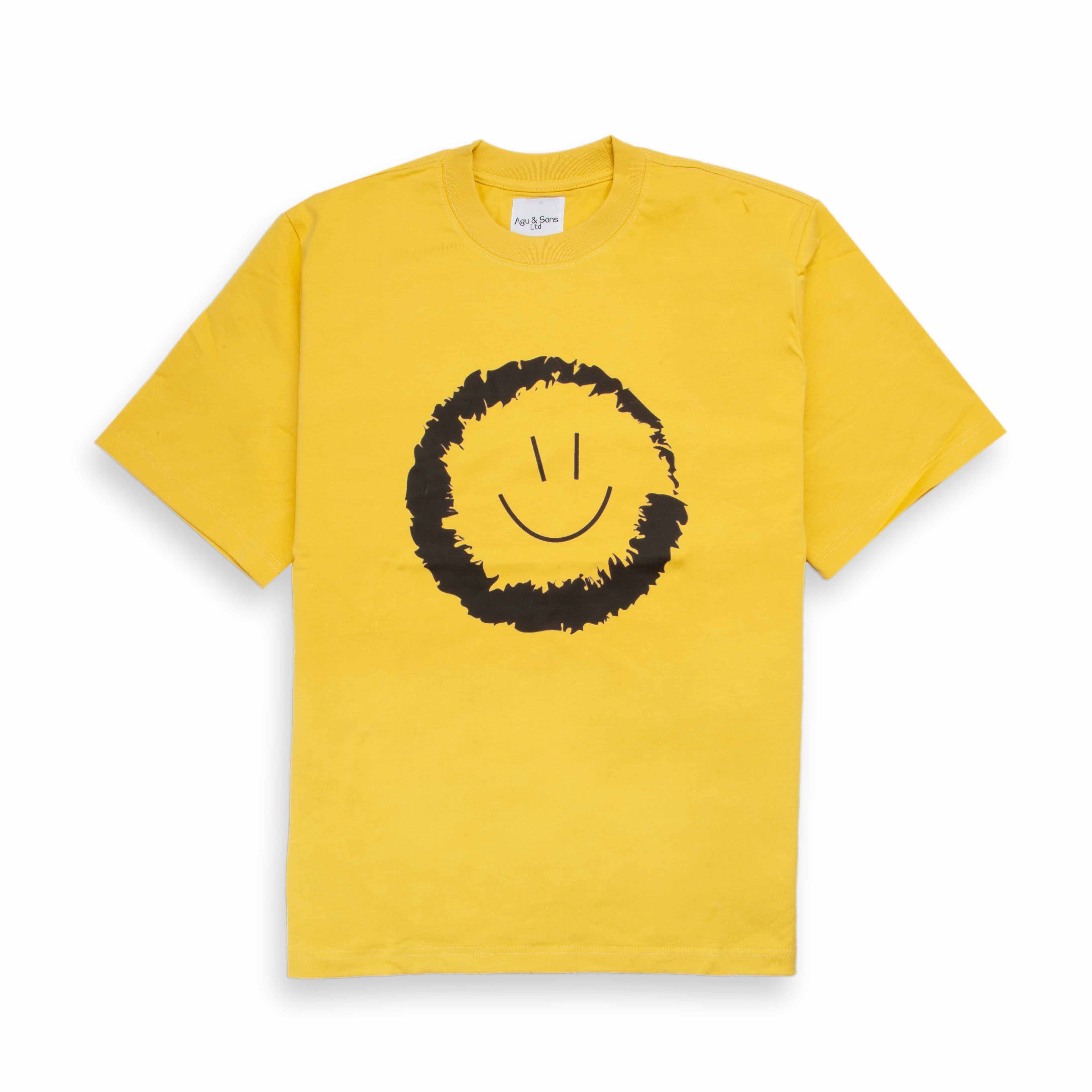 Agu & Sons yellow t-shirt with a distressed black smiley face design.