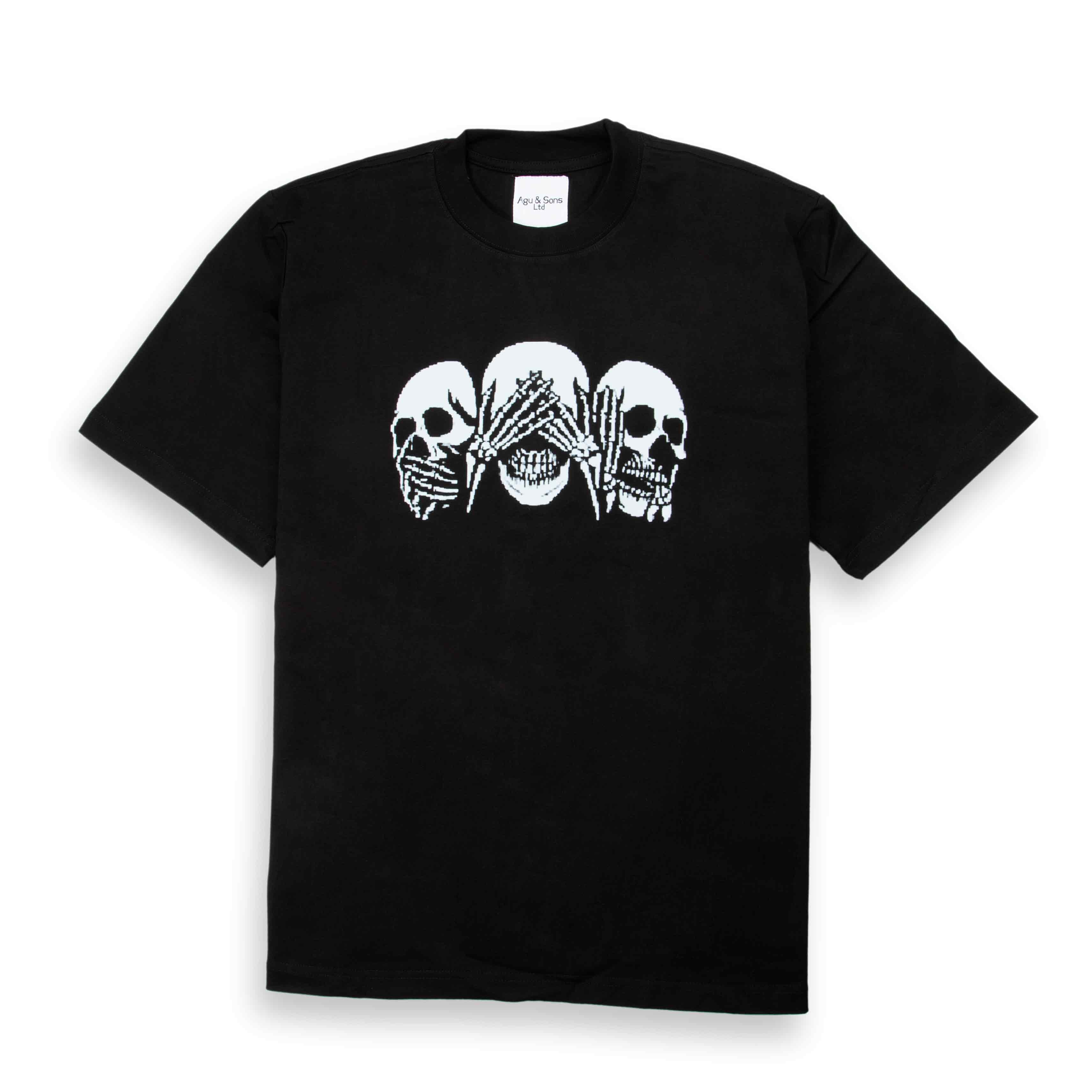 Agu & Sons black t-shirt with "hear see speak no evil" skulls graphic.