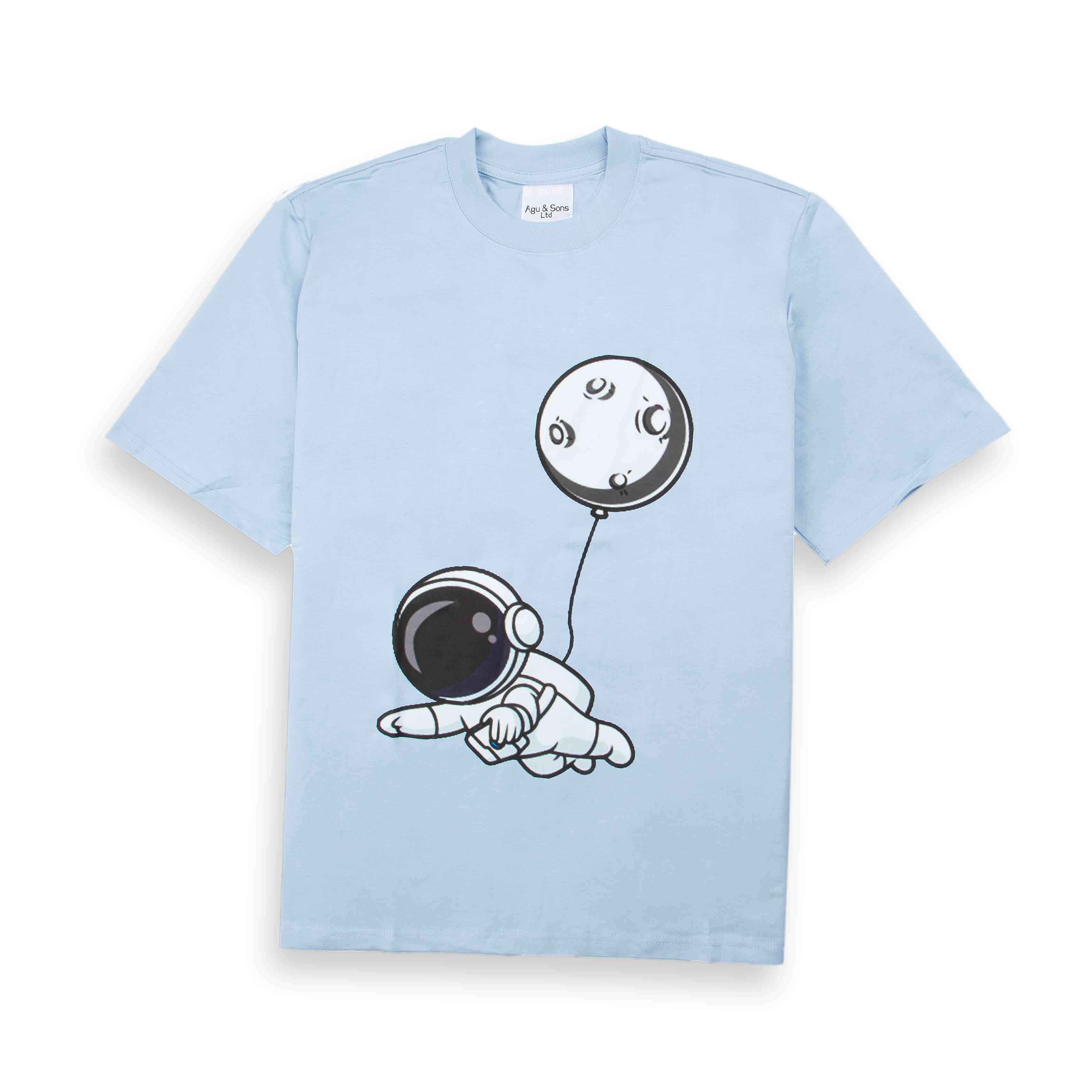 Astronaut and moon graphic on a light blue men's t-shirt by Agu & Sons.