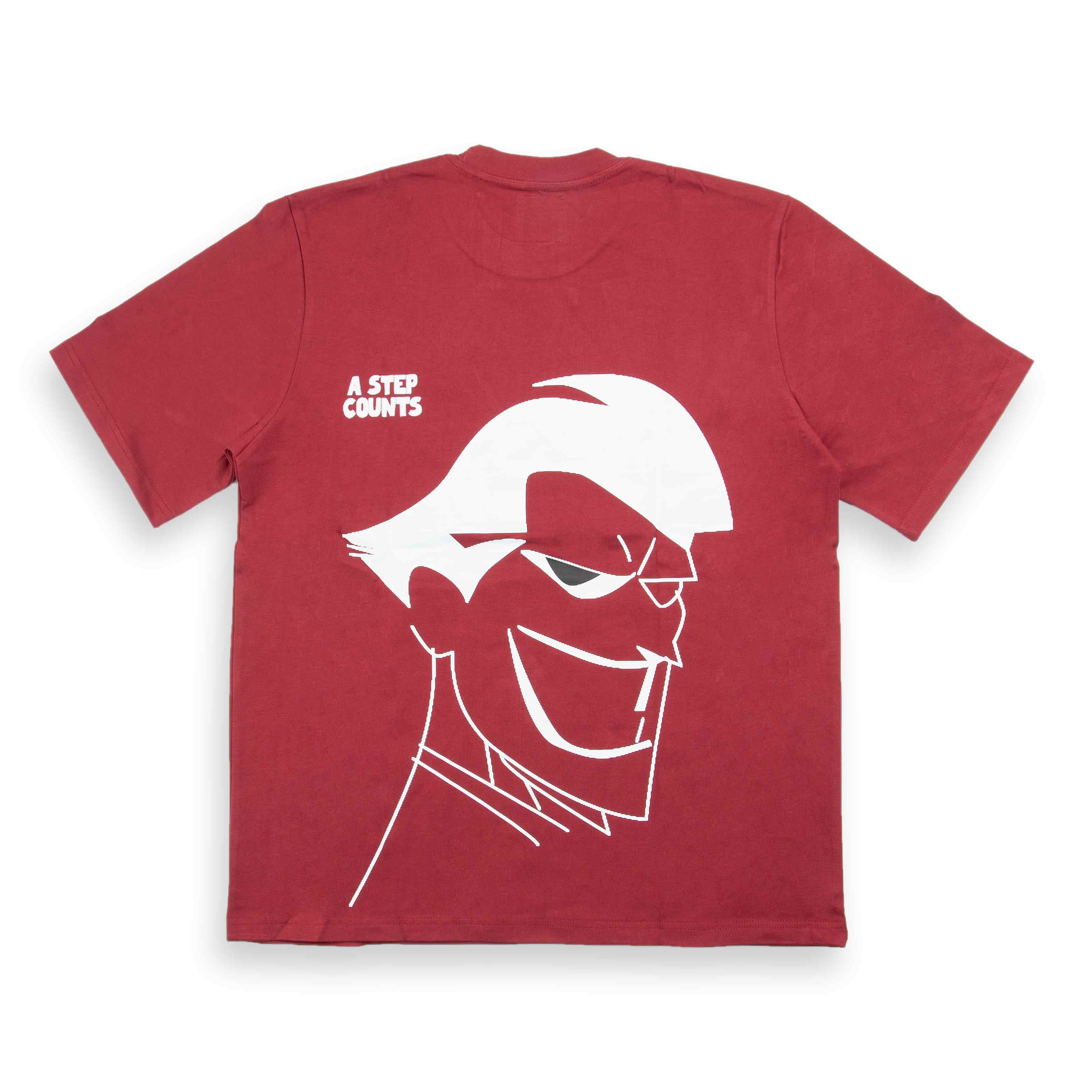 Burgundy Agu & Sons t-shirt with a white cartoon character resembling the Joker and "A STEP COUNTS" on the back.