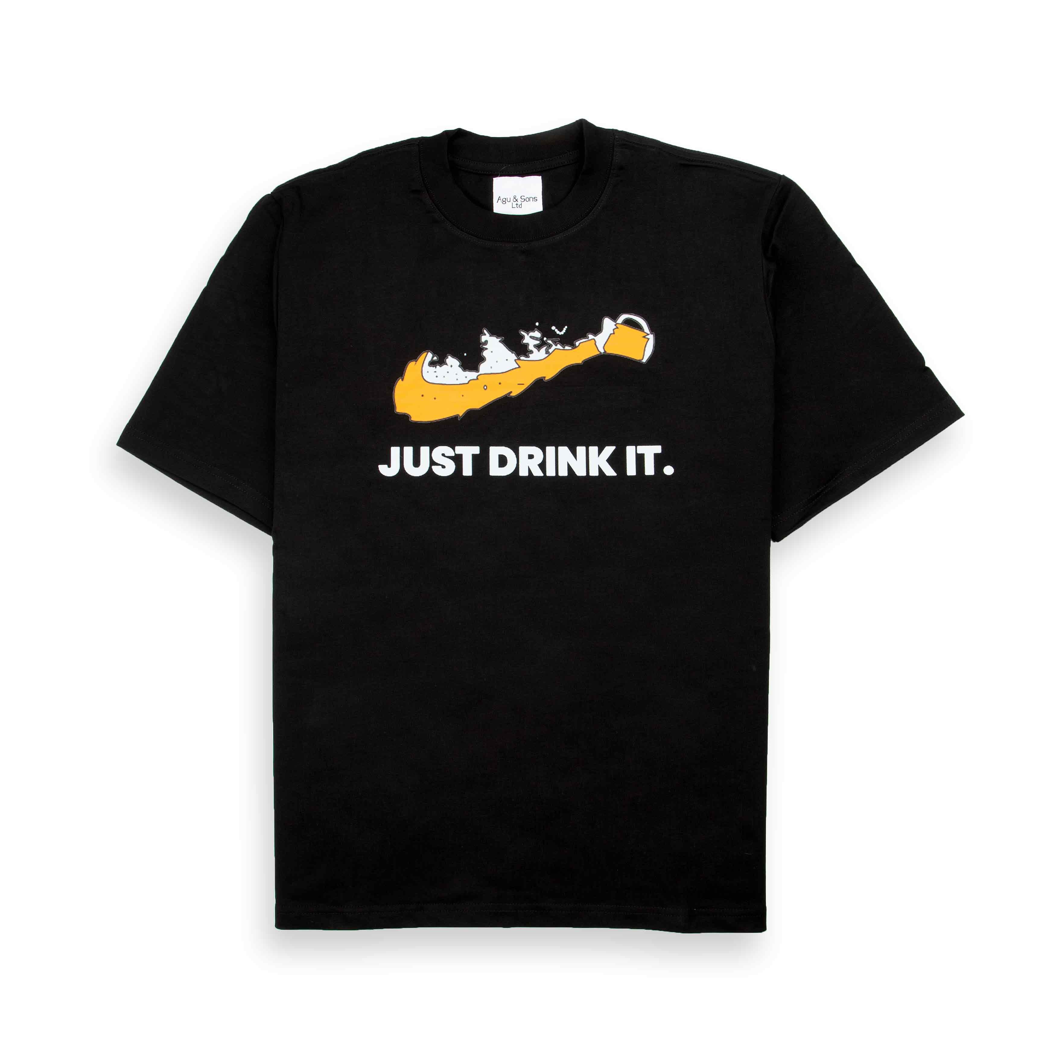 Black Agu & Sons Ltd. "Just Drink It" Long Island beer mug graphic print unisex t-shirt.