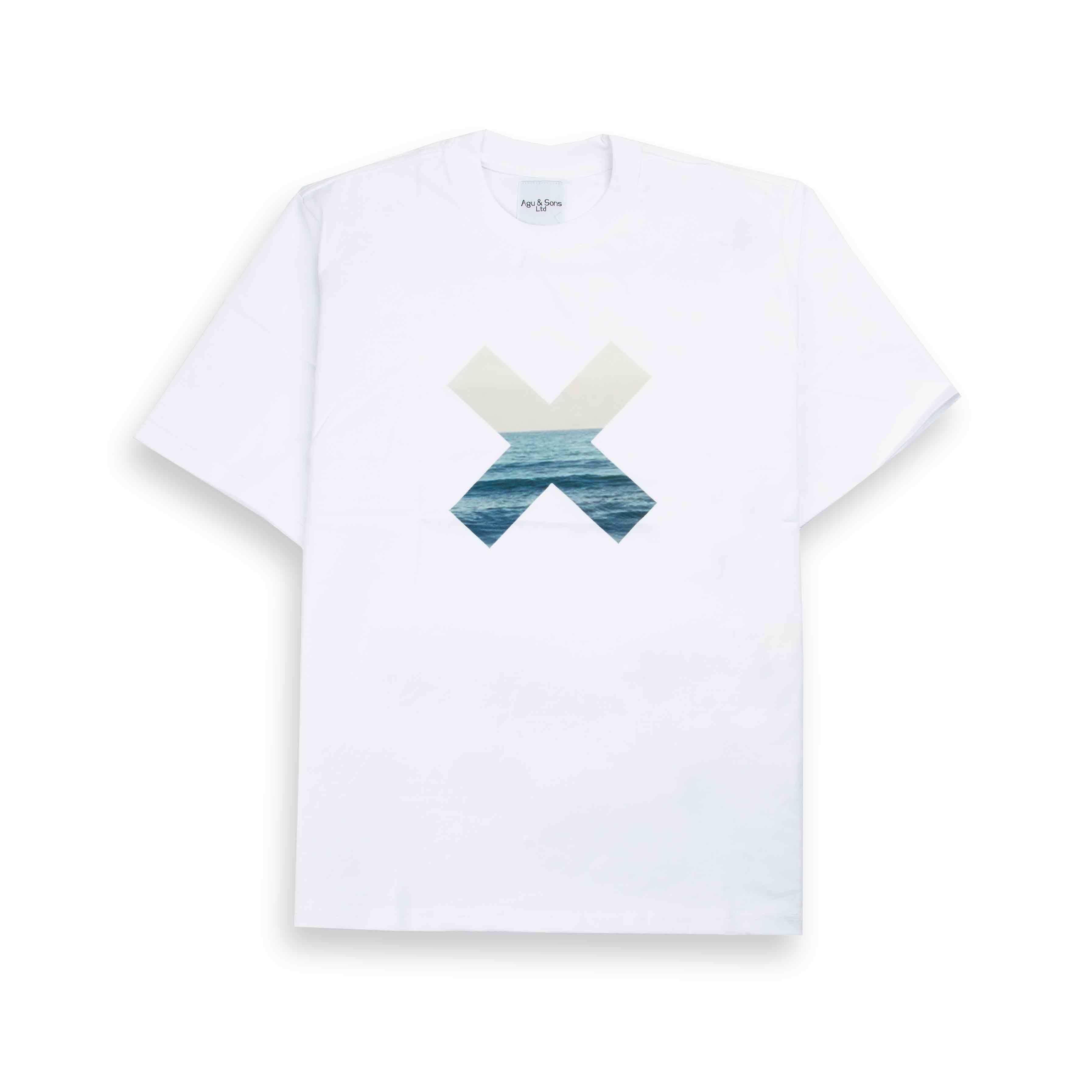 Agu & Sons Ocean Cross T-Shirt, White unisex t shirt with ocean wave design.