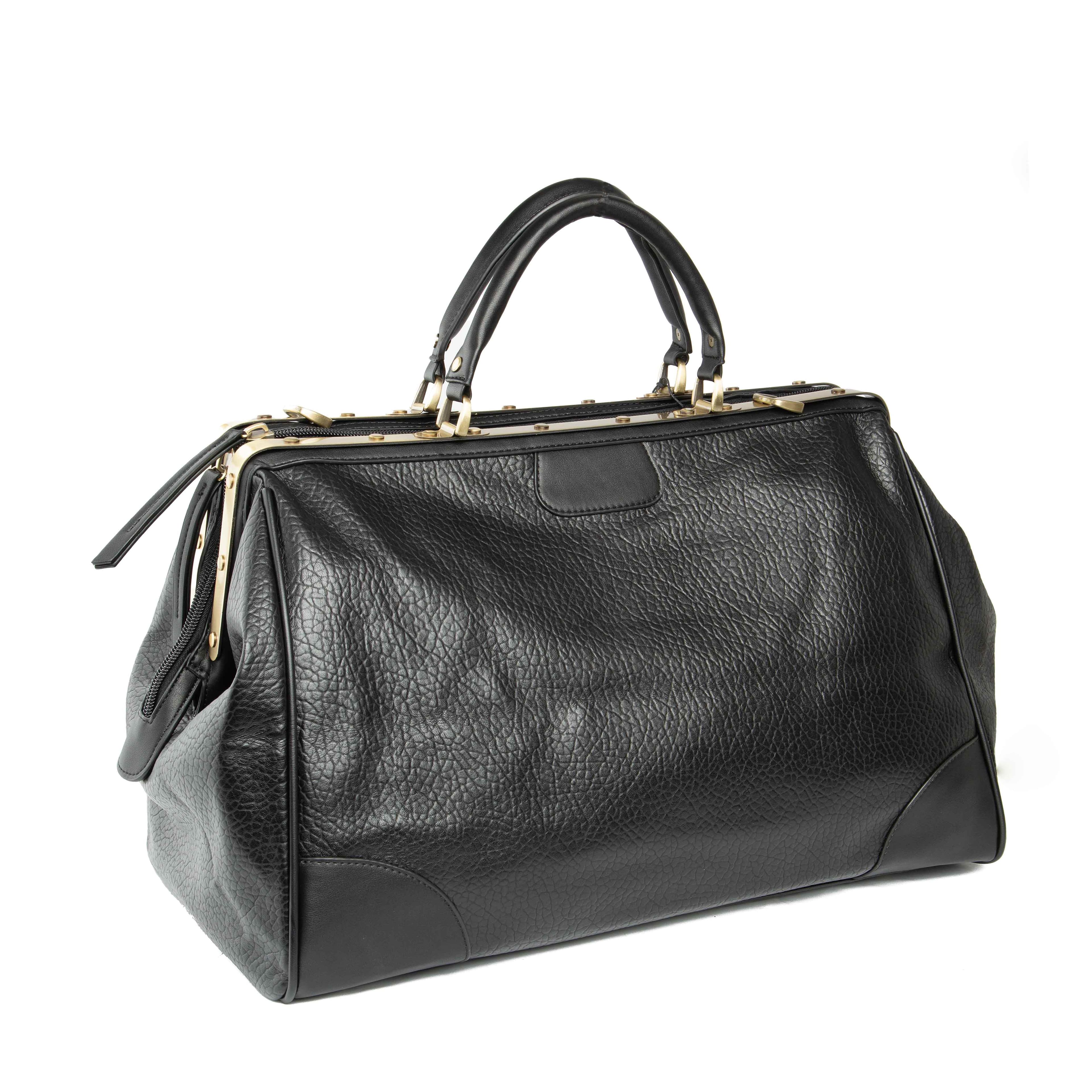 Black Textured Leather Frame Travel Bag 