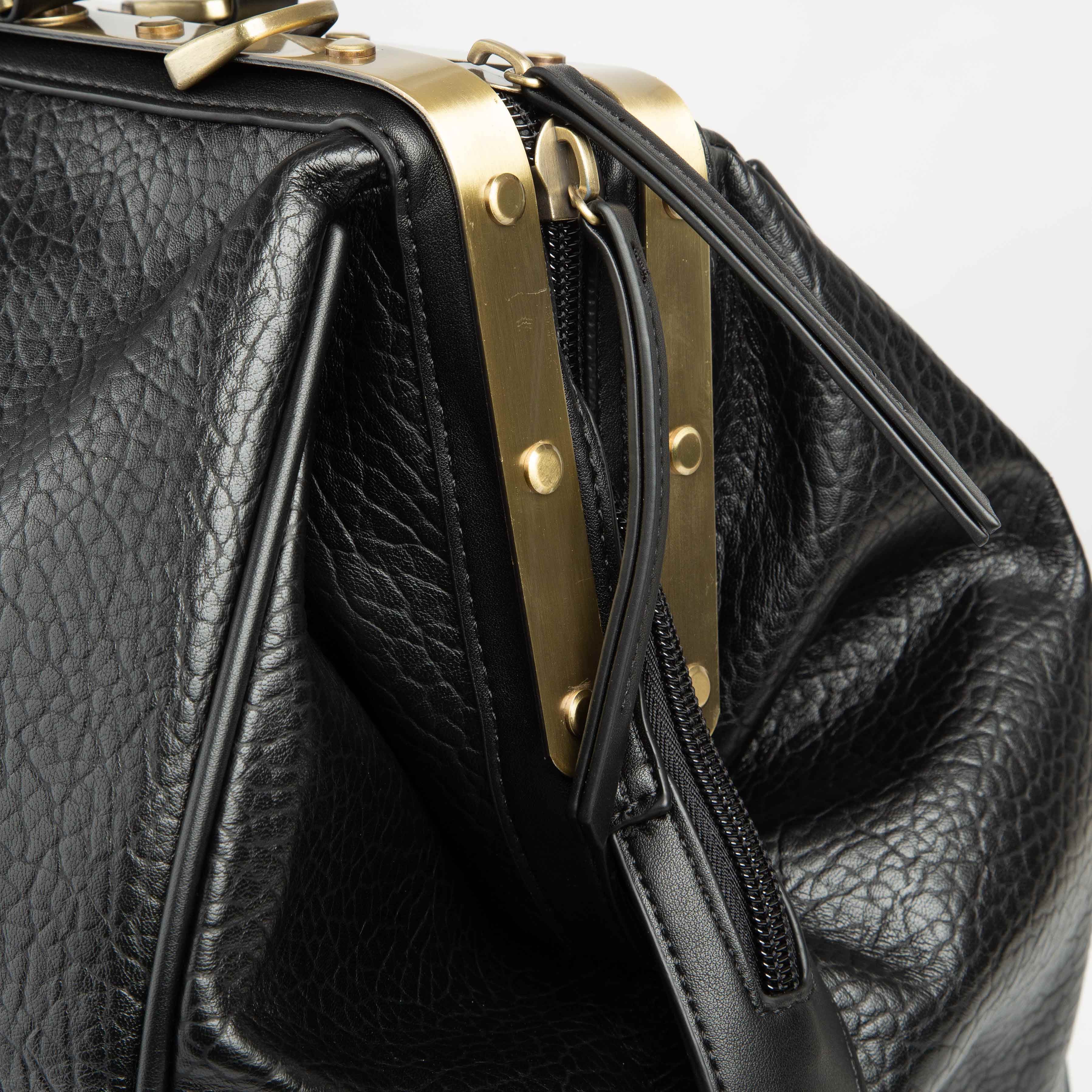 Black Textured Leather Frame Travel Bag 
