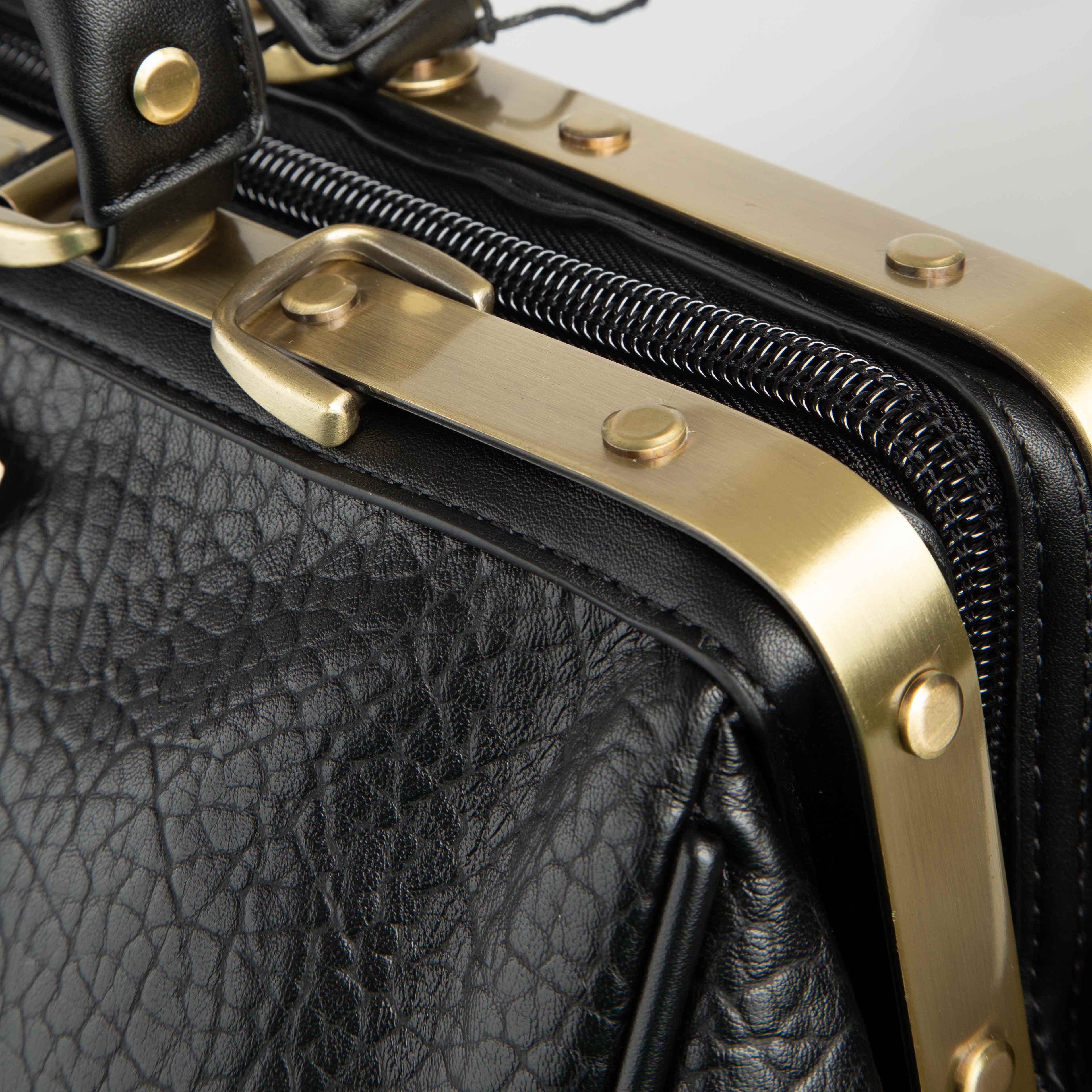 Black Textured Leather Frame Travel Bag 