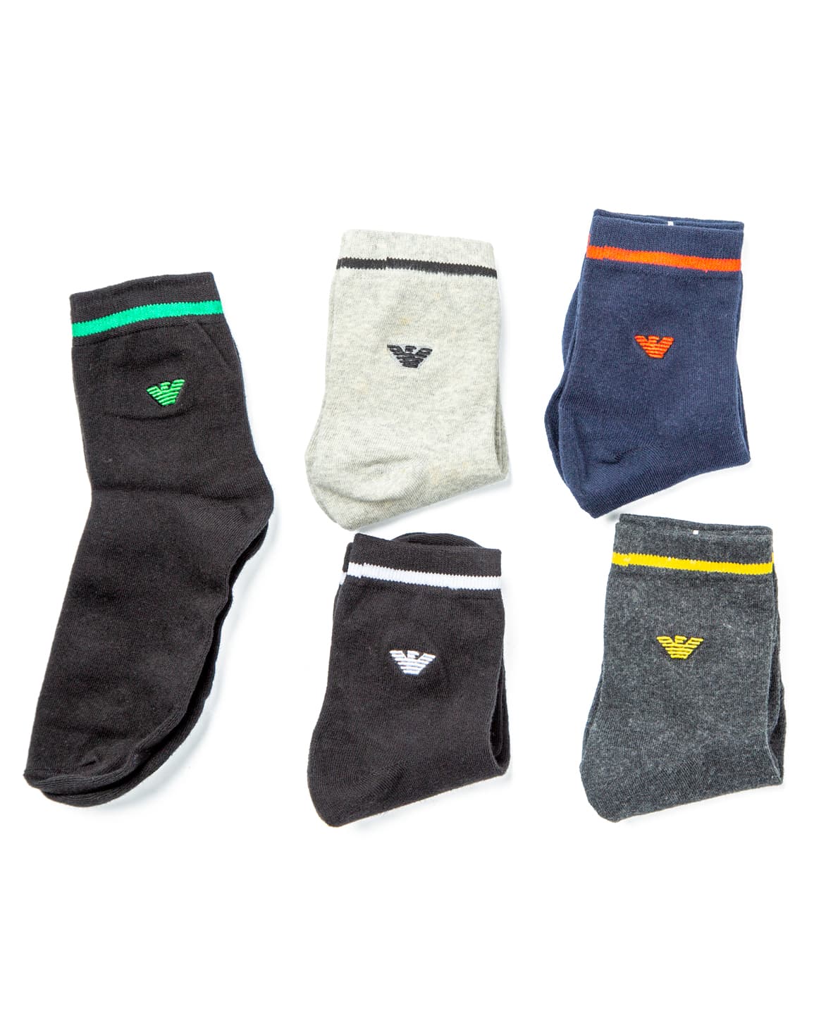 Giorgio Armani Cotton Blend Socks Multi-Pack, featuring black, light grey, navy, and dark grey pairs with ribbed design and signature logo detailing.