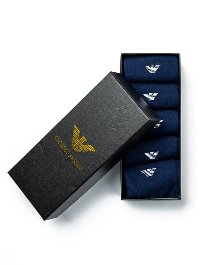 Giorgio Armani Navy Crew Socks, featuring a classic navy blue color with ribbed design and subtle logo detailing.