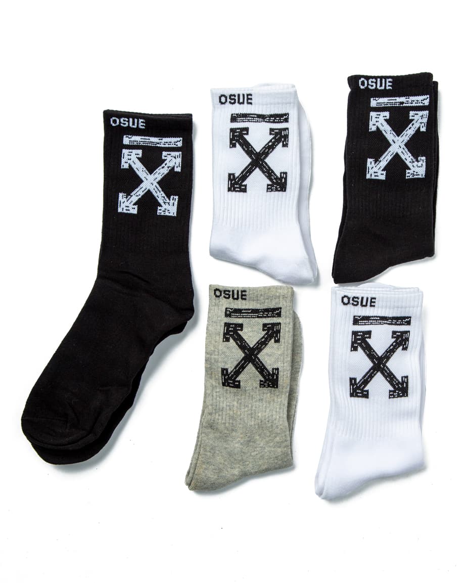 Off-White Arrow Motif Socks Multi-Pack, featuring black, grey, and white pairs with signature diagonal stripes and arrow logo detailing.