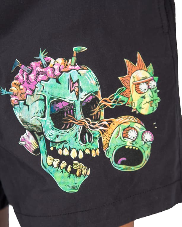 Men's Beach's Shorts, turquoise and multicolor. Featuring Rick and Morty character graphics and portal designs.