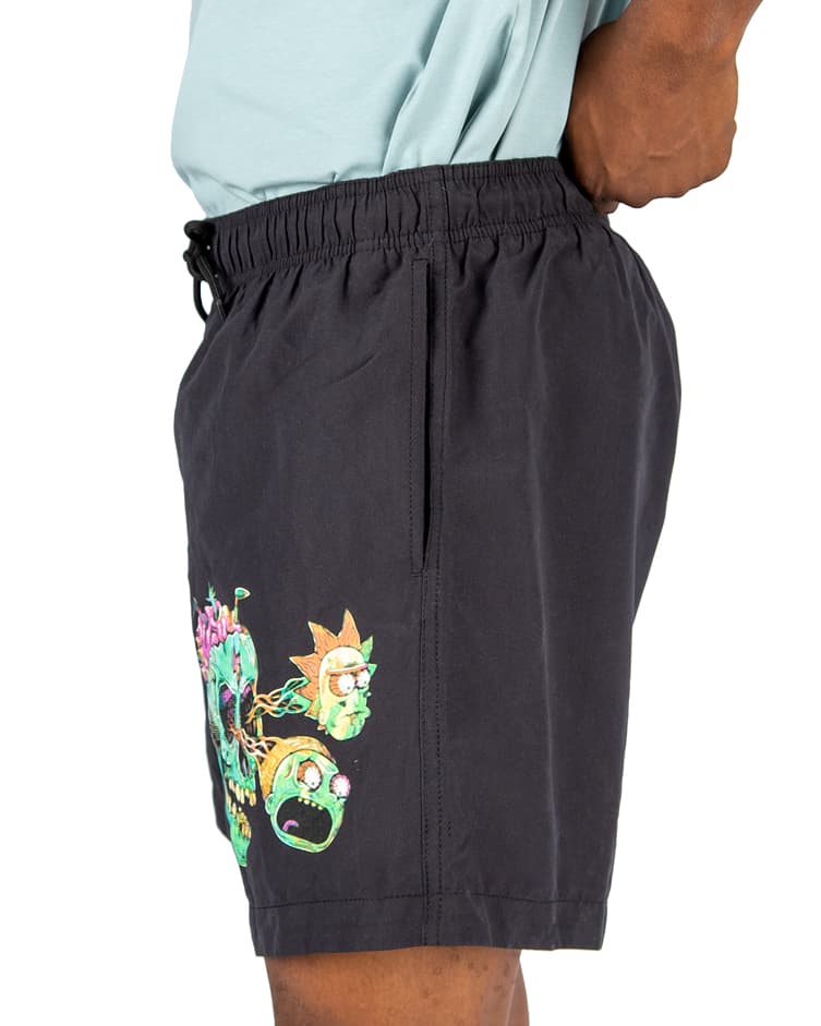 Men's beach's Shorts, turquoise and multicolor. Featuring Rick and Morty character graphics and portal designs.