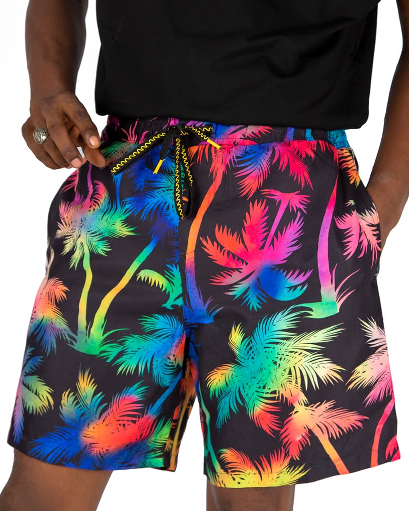 Men's Rainbow Palm Beach Shorts, black with multicolored neon print. Ideal for swimming, vacations, and summer casual wear.