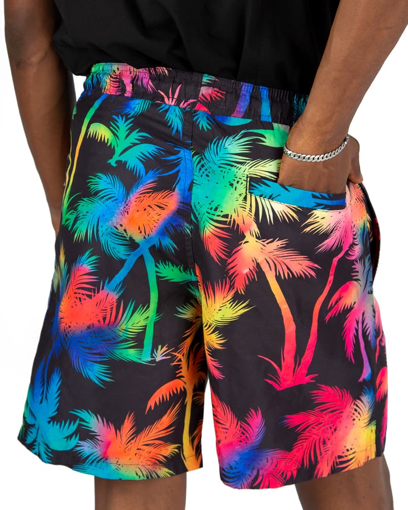 Men's Rainbow Palm Beach Shorts, black with multicolored neon print. Ideal for swimming, vacations, and summer casual wear.