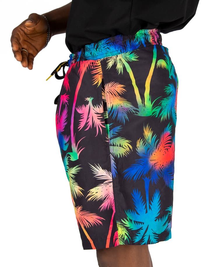 Men's Rainbow Palm Beach Shorts, black with multicolored neon print. Ideal for swimming, vacations, and summer casual wear.