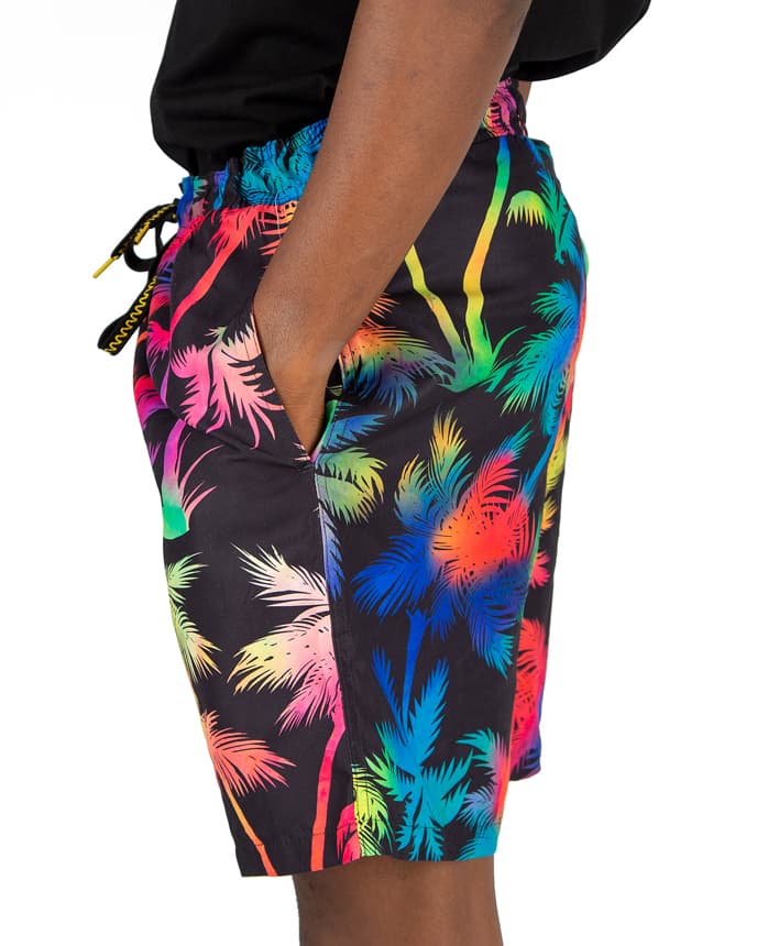 Men's Rainbow Palm Beach Shorts, black with multicolored neon print. Ideal for swimming, vacations, and summer casual wear.