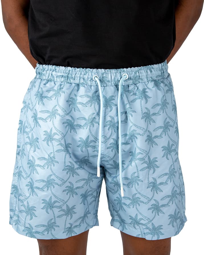 Light blue men's beach shorts with palm tree print and drawstring waist – quick-dry fabric, perfect for summer, pool, and vacation wear.