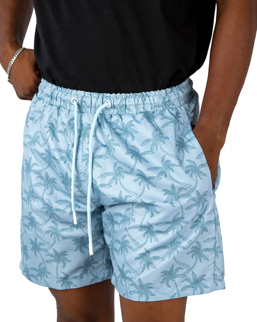 Light blue men's beach shorts with palm tree print and drawstring waist – quick-dry fabric, perfect for summer, pool, and vacation wear.