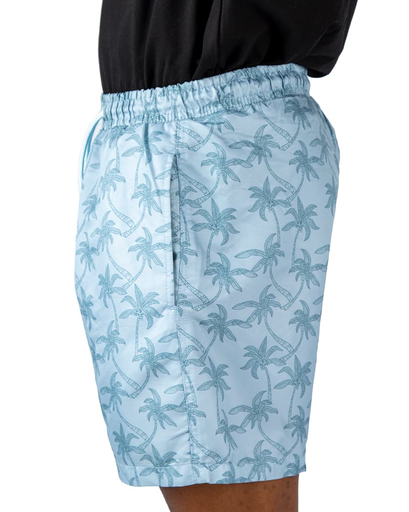 Light blue men's beach shorts with palm tree print and drawstring waist – quick-dry fabric, perfect for summer, pool, and vacation wear.