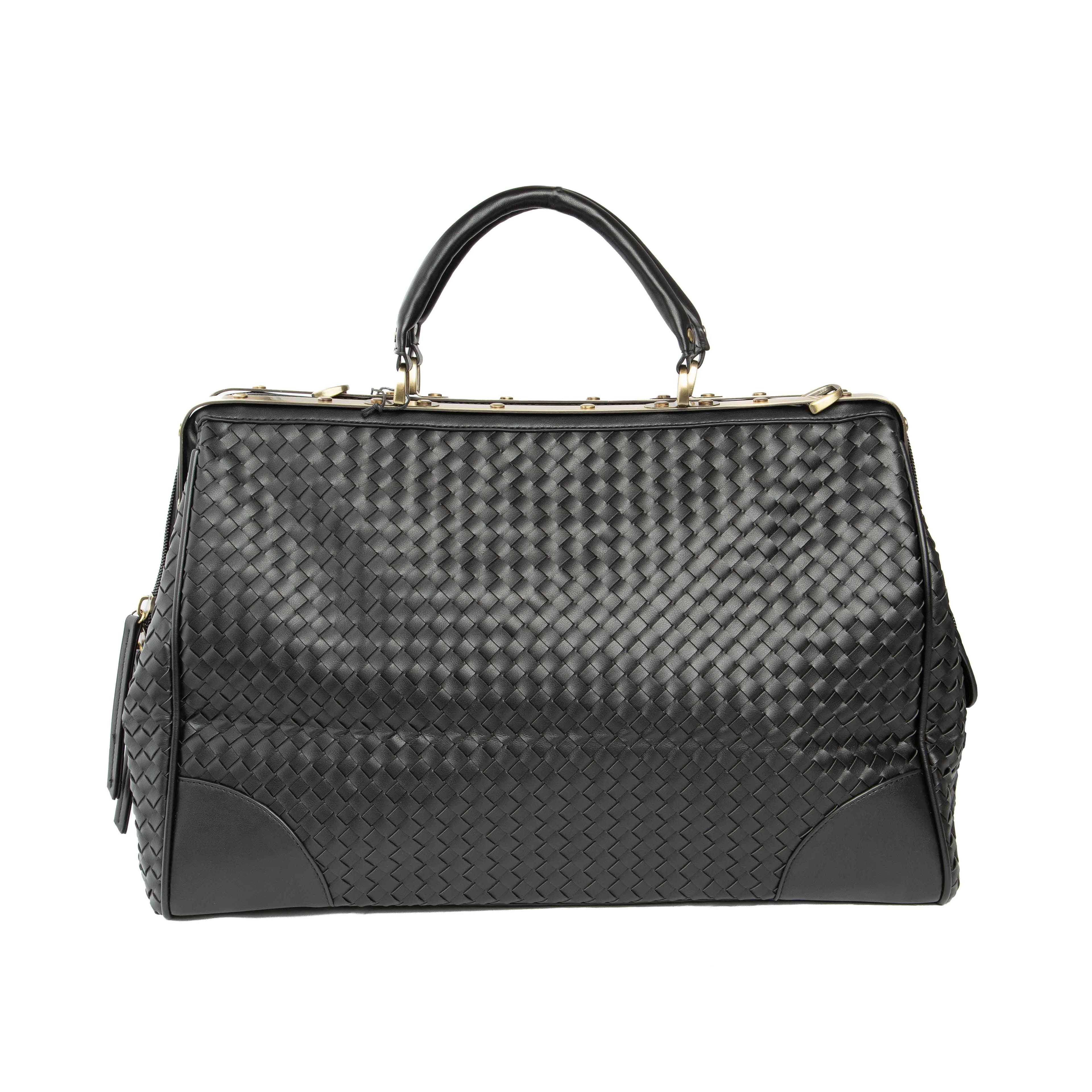Black Woven Leather Frame Travel Bag - Classic Unisex