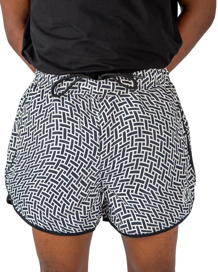 Black and white geometric men's beach shorts with drawstring waist – stylish, quick-dry, lightweight, and perfect for summer, beach, and poolside wear.
