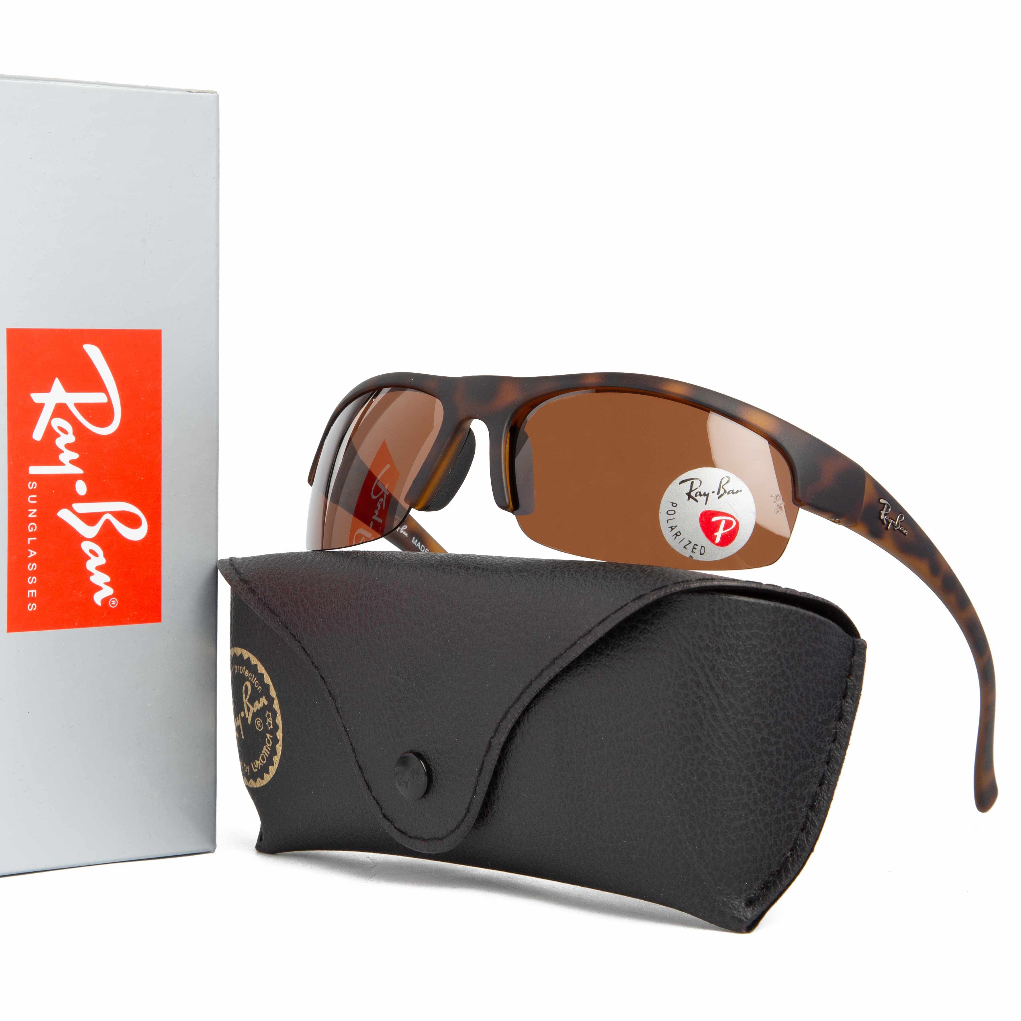 Ray-Ban polarized semi-rimless sport sunglasses with tortoise shell frame and brown lenses