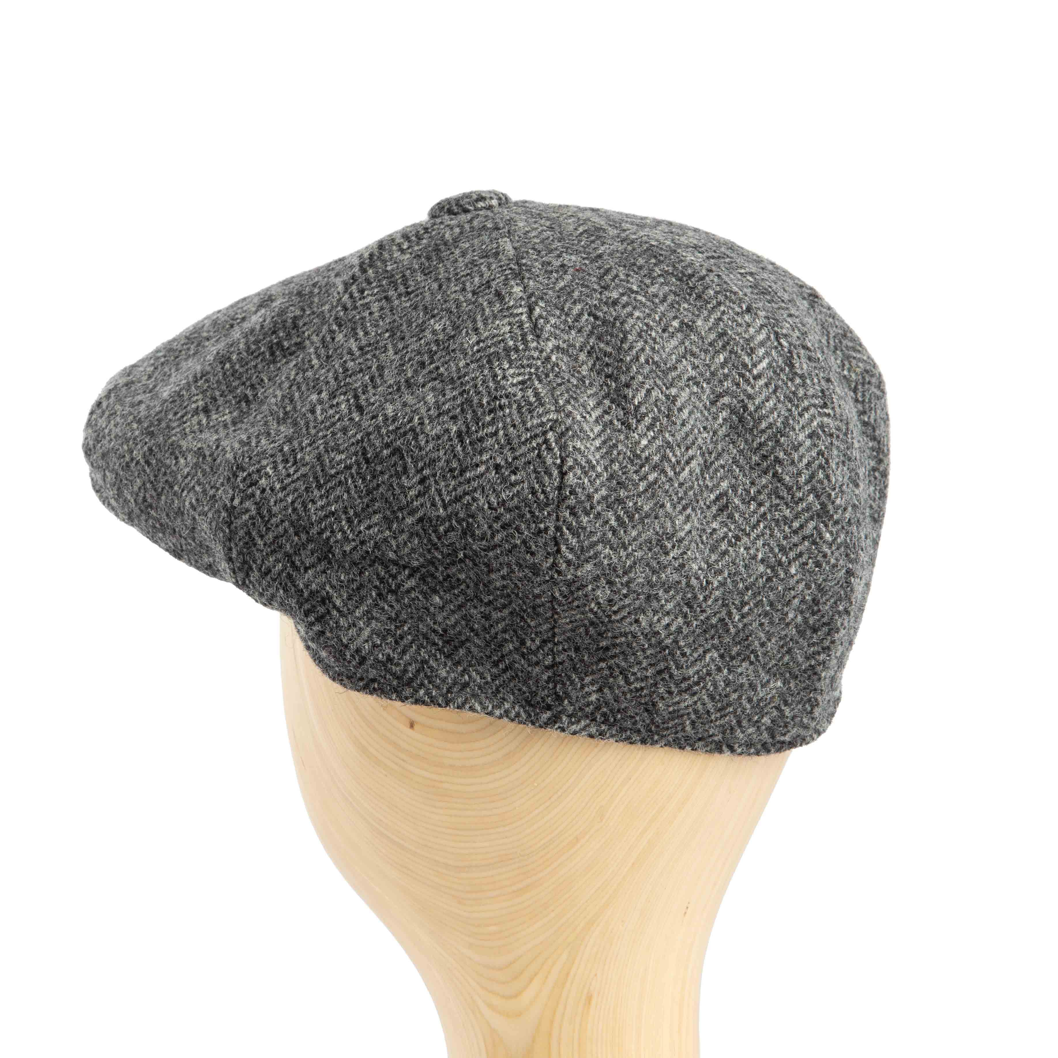 Grey Harris Tweed Shelby Cap with herringbone pattern for men and women"