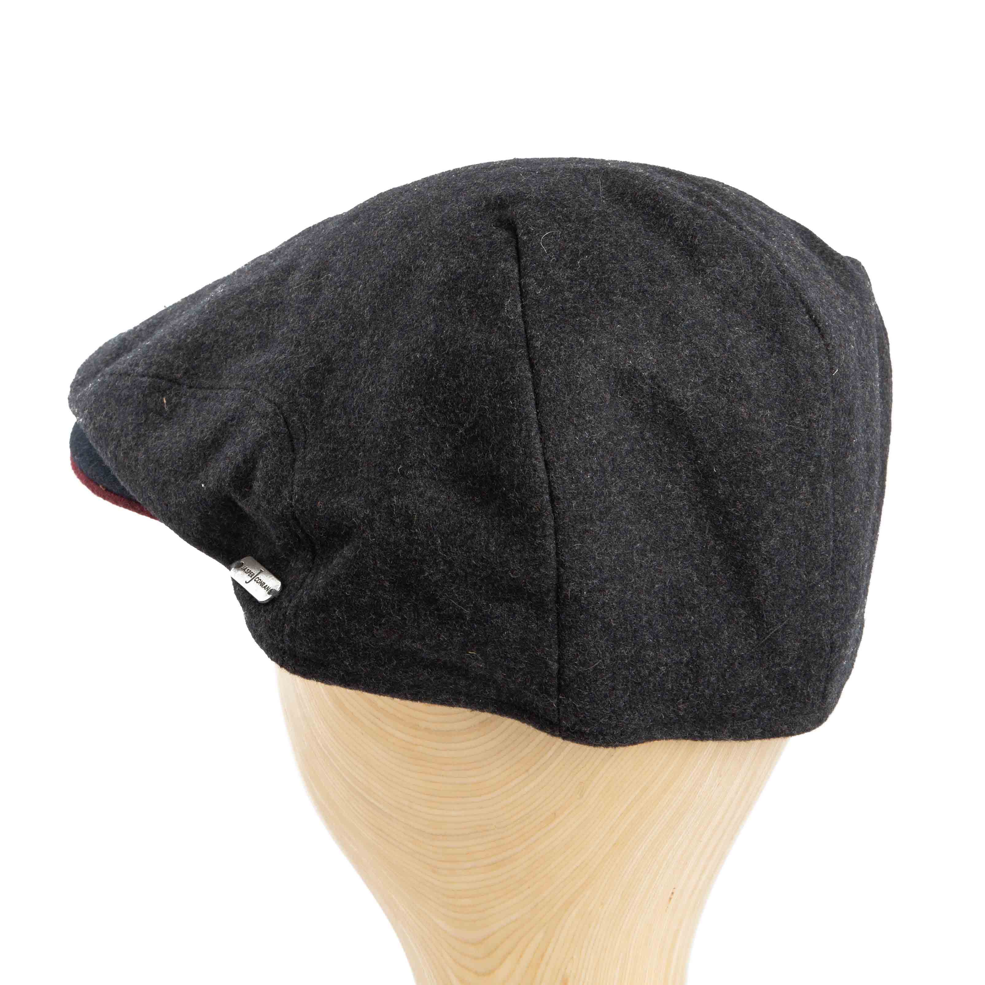 Charcoal Grey Wool Blend Flat Cap with red accent, classic ivy cap style for men and women