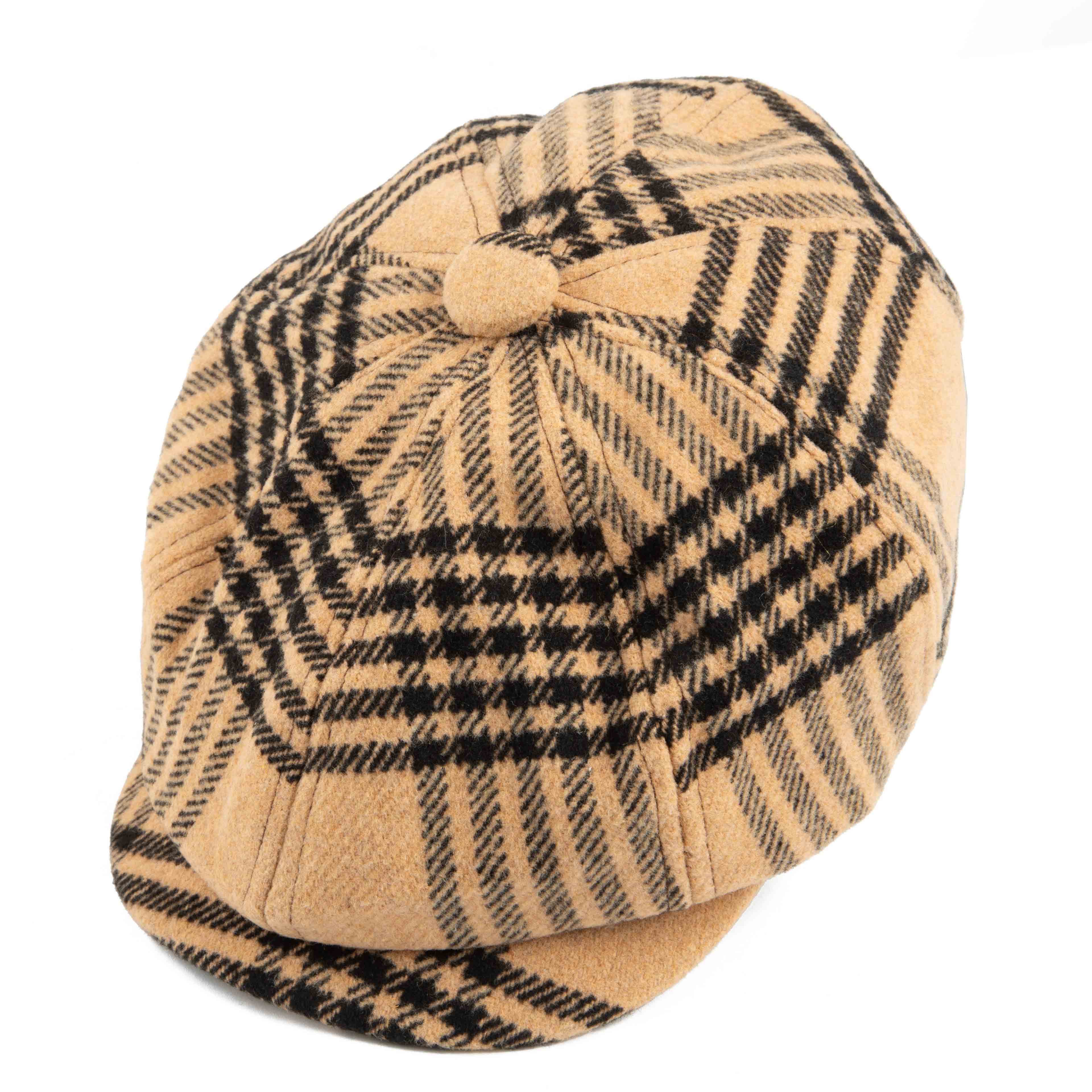 Stylish tan and black plaid newsboy cap for men, ideal for adding a vintage touch.