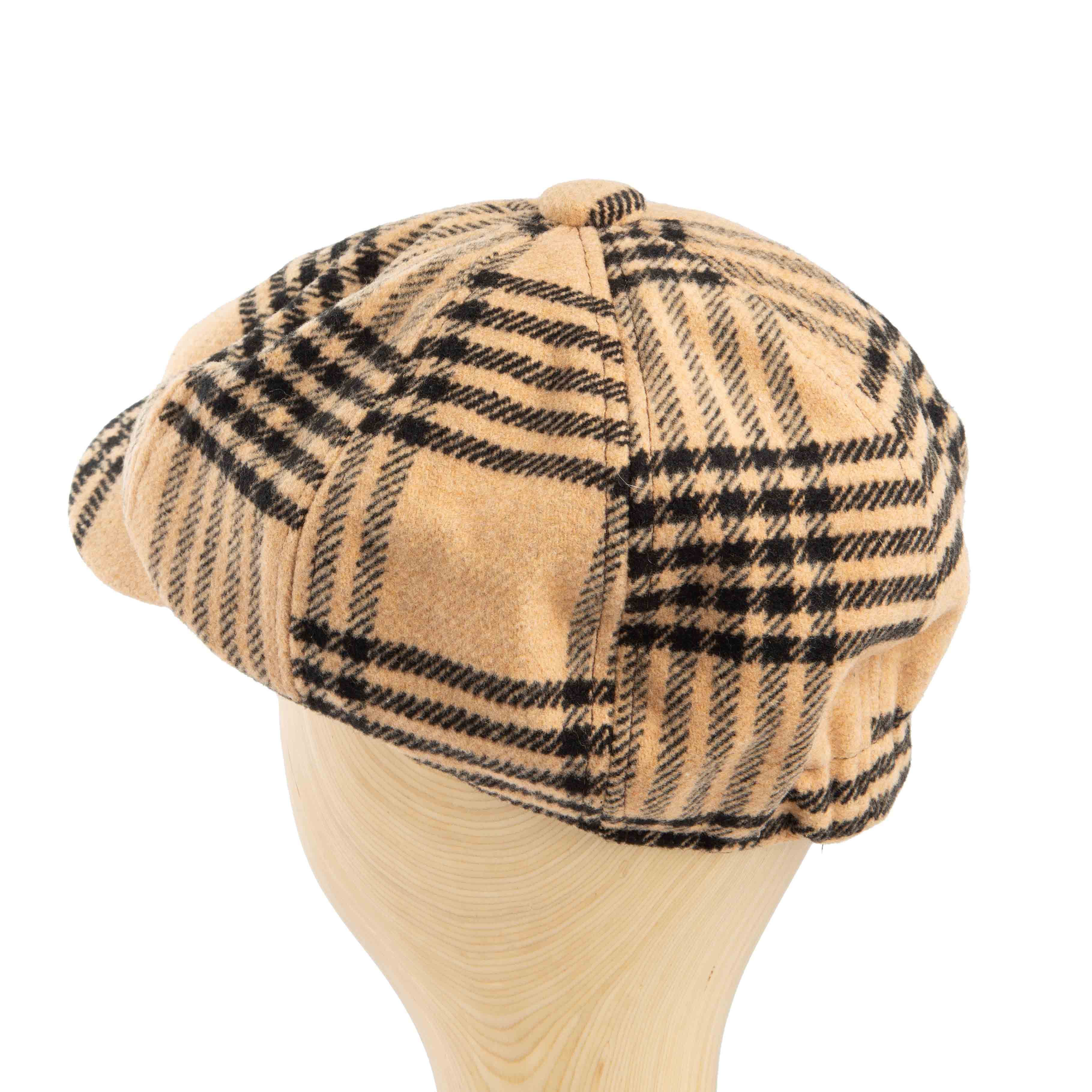 Stylish tan and black plaid newsboy cap for men, ideal for adding a vintage touch.