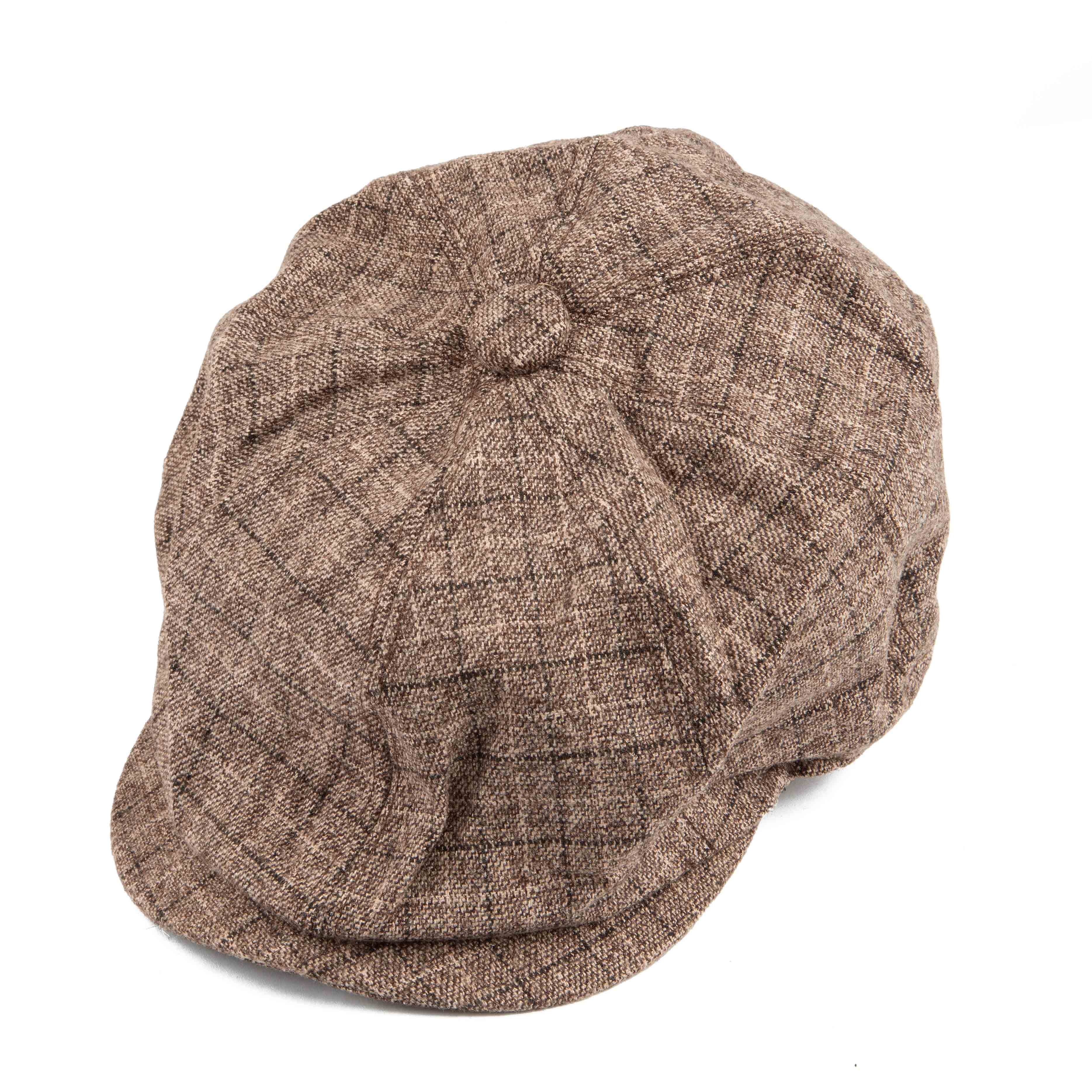Classic brown plaid newsboy cap for men, perfect for vintage or casual autumn wear.
