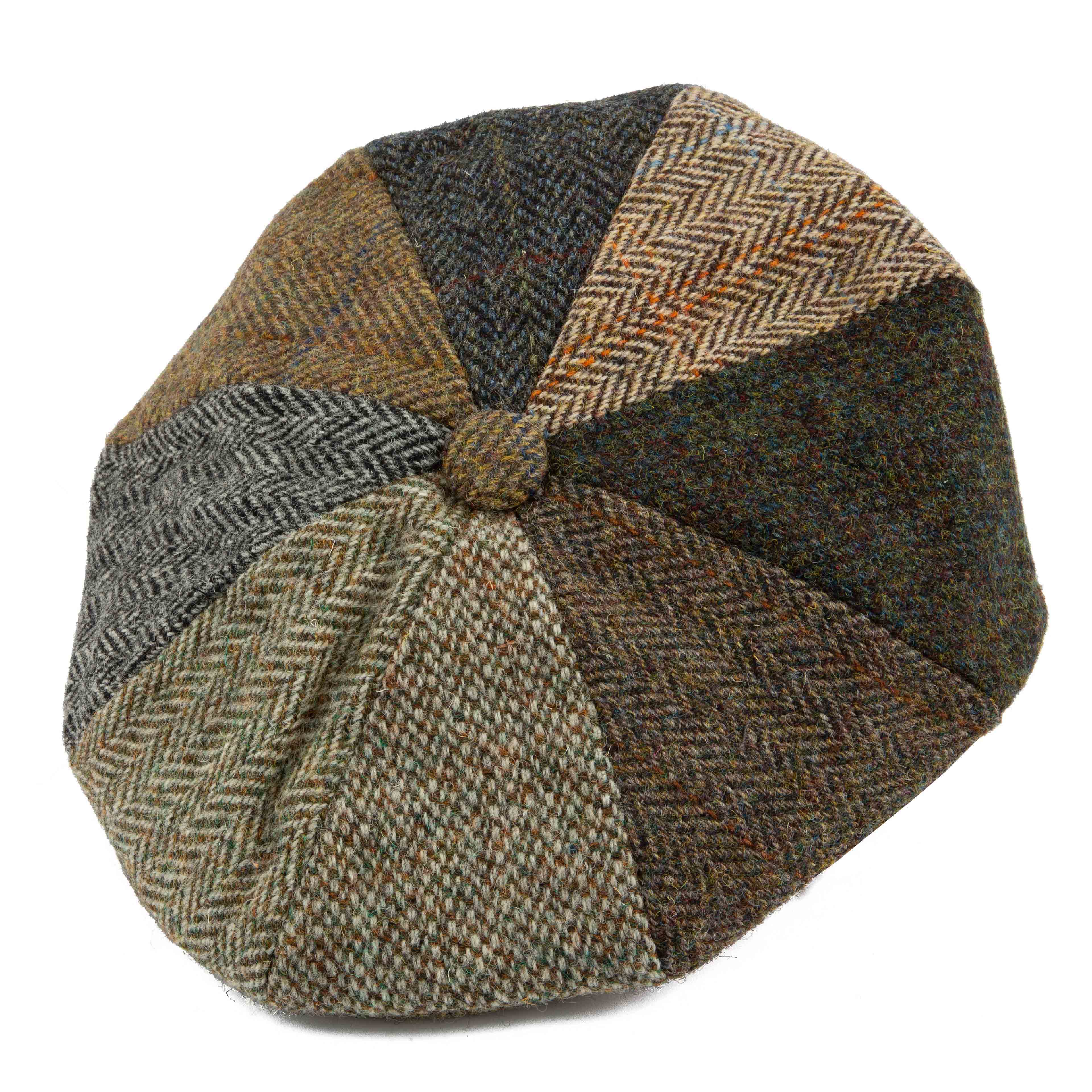 Unique multi-tweed patchwork newsboy cap for men, perfect for a vintage and rustic style.