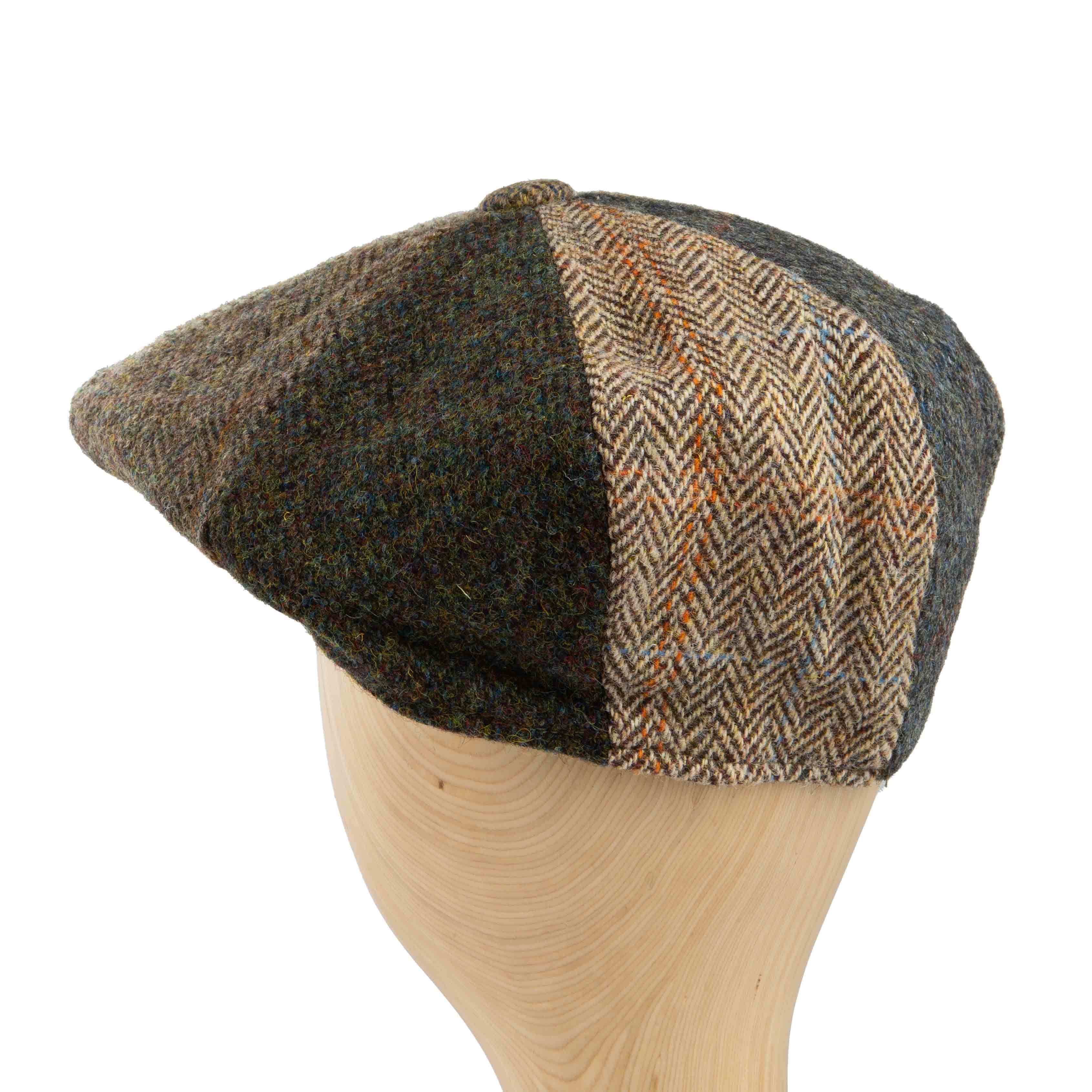Unique multi-tweed patchwork newsboy cap for men, perfect for a vintage and rustic style.