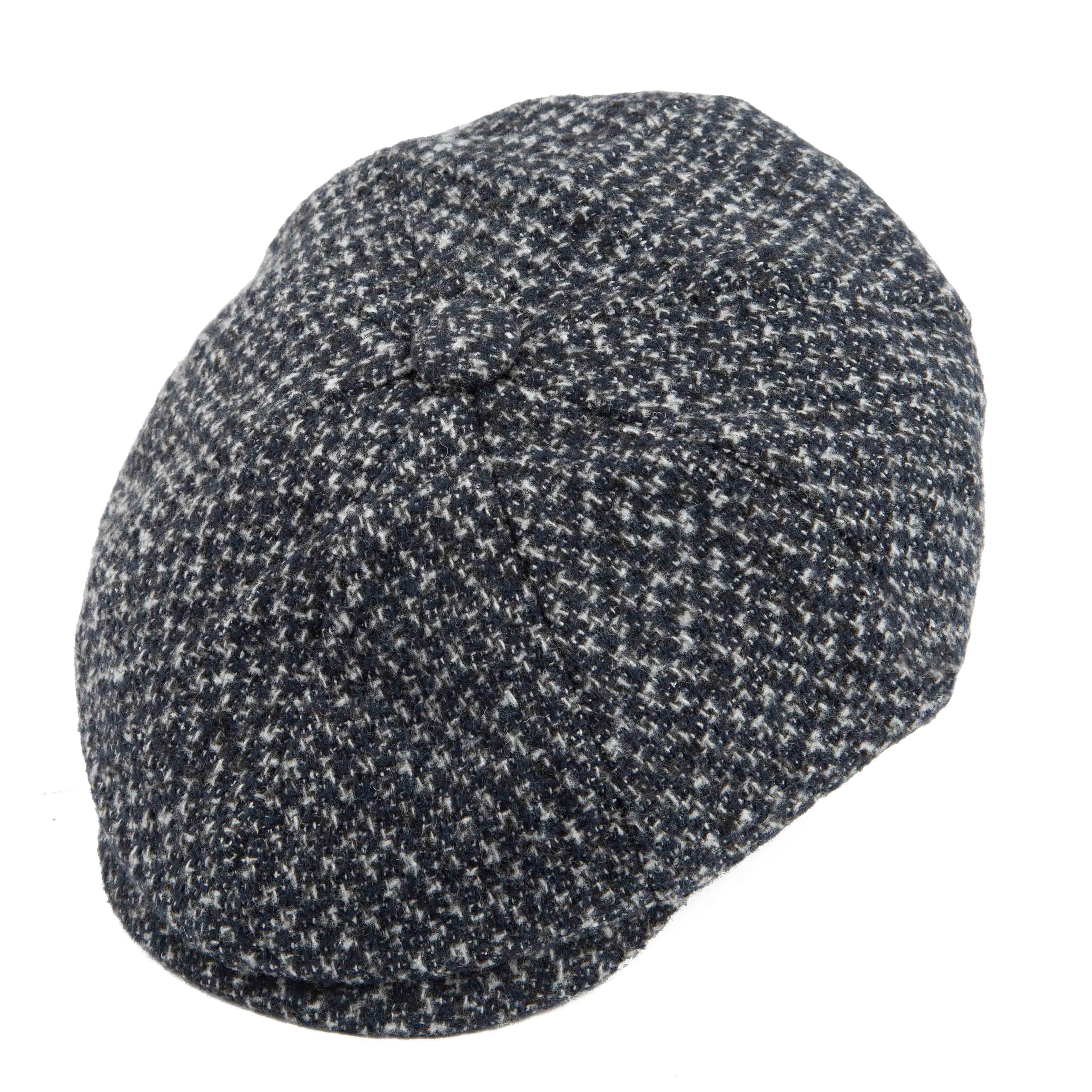 Stylish black and white speckled tweed flat cap for men, perfect for a modern classic look.
