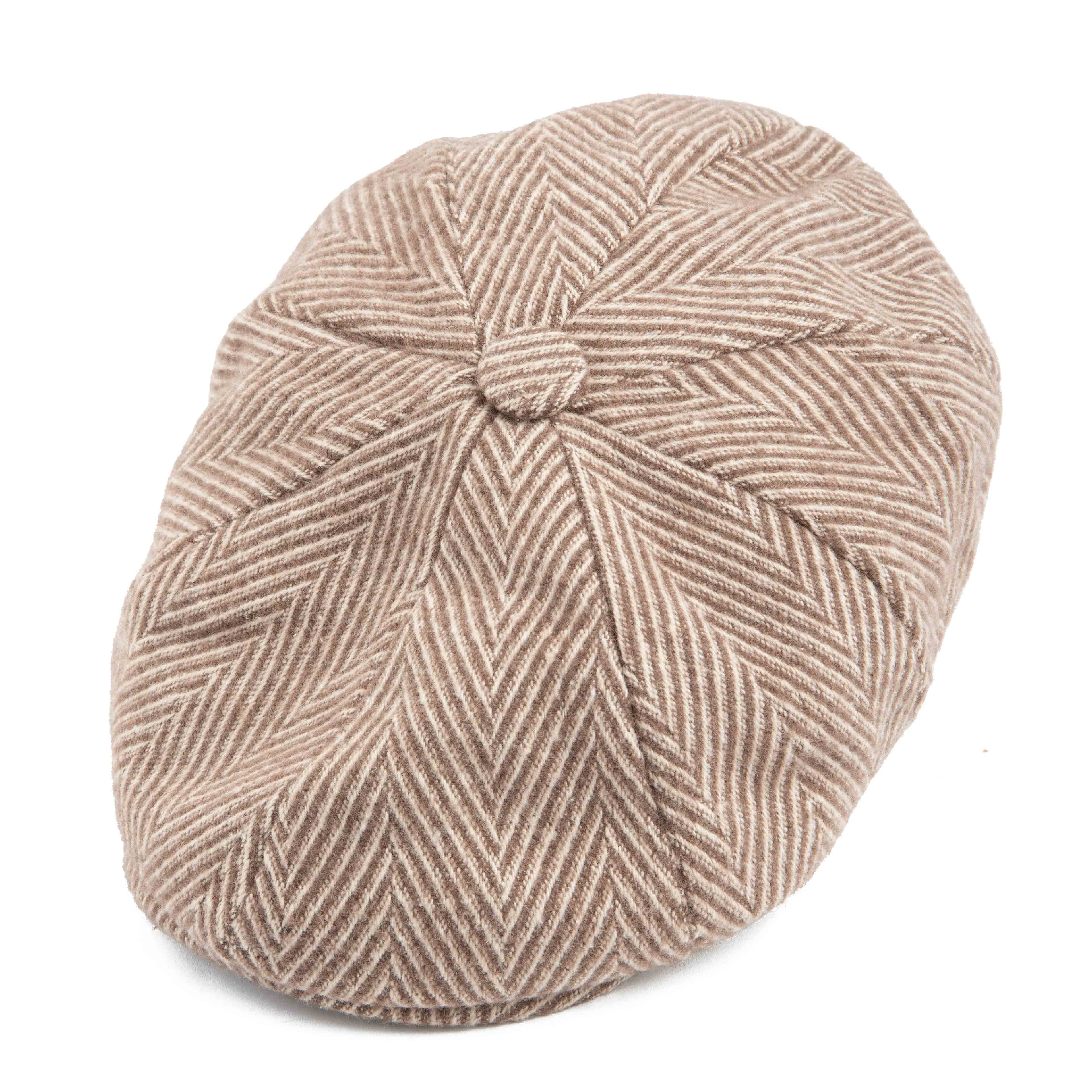 Light brown herringbone newsboy cap, classic unisex style, textured fabric, vintage fashion accessory