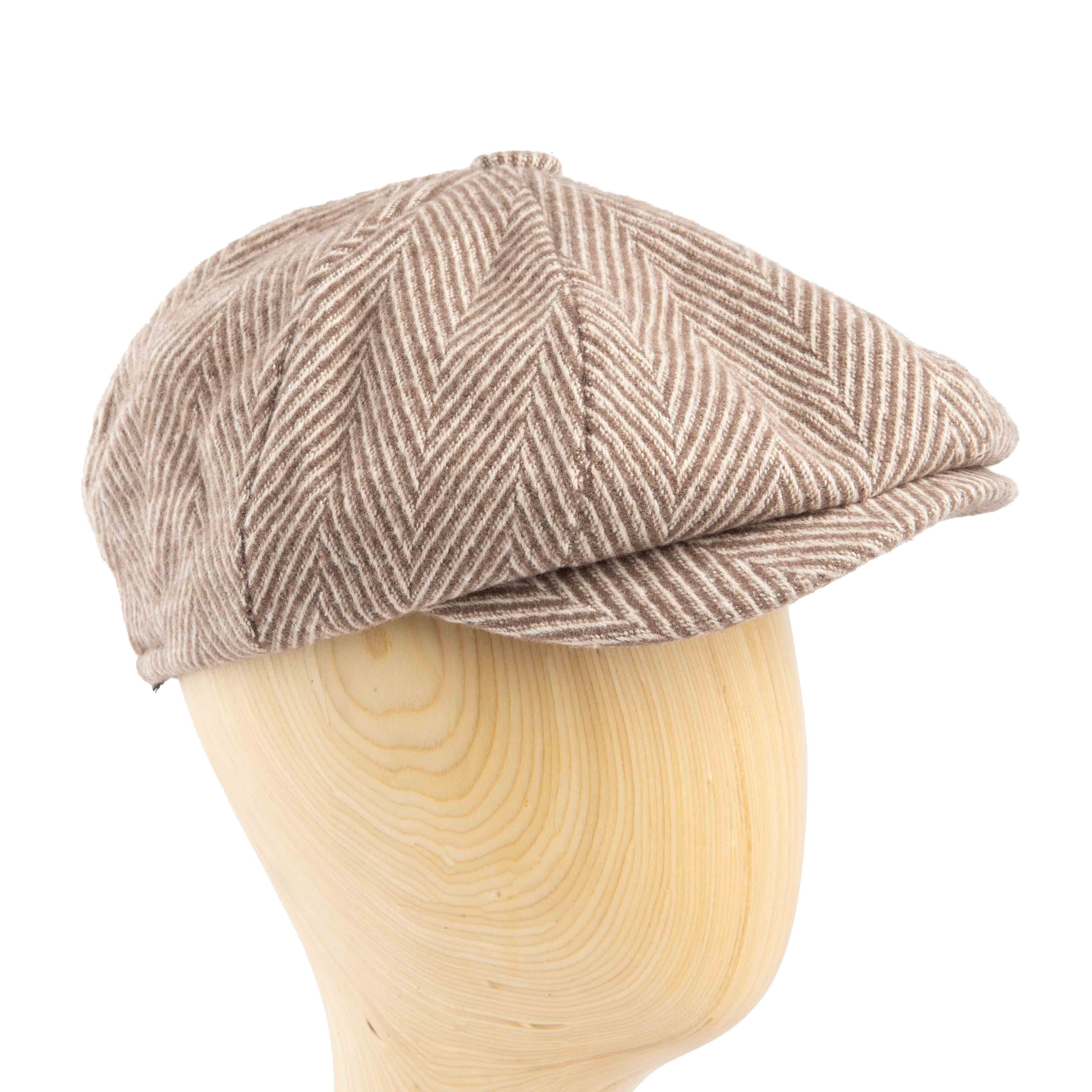 Light brown herringbone newsboy cap, classic unisex style, textured fabric, vintage fashion accessory
