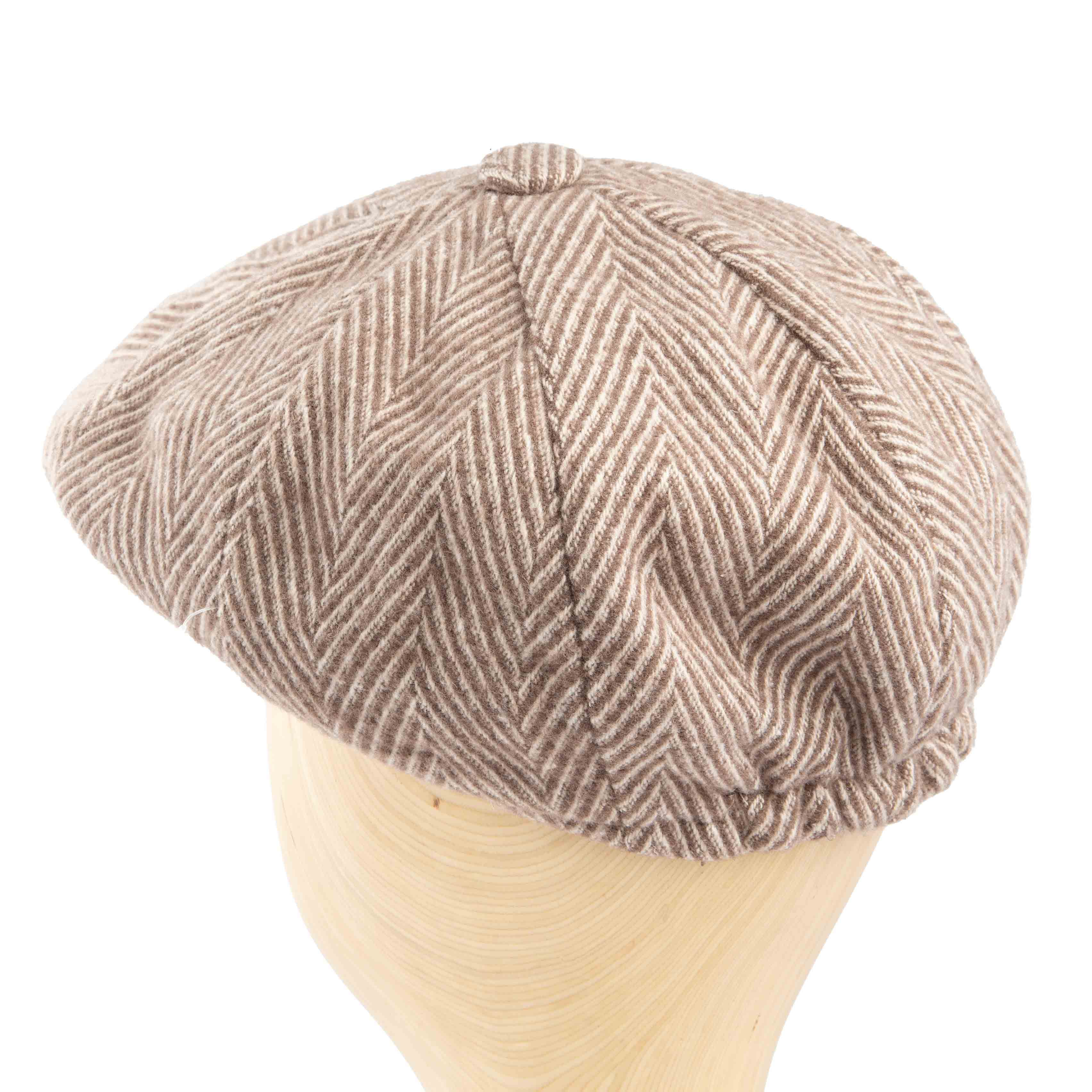Light brown herringbone newsboy cap, classic unisex style, textured fabric, vintage fashion accessory