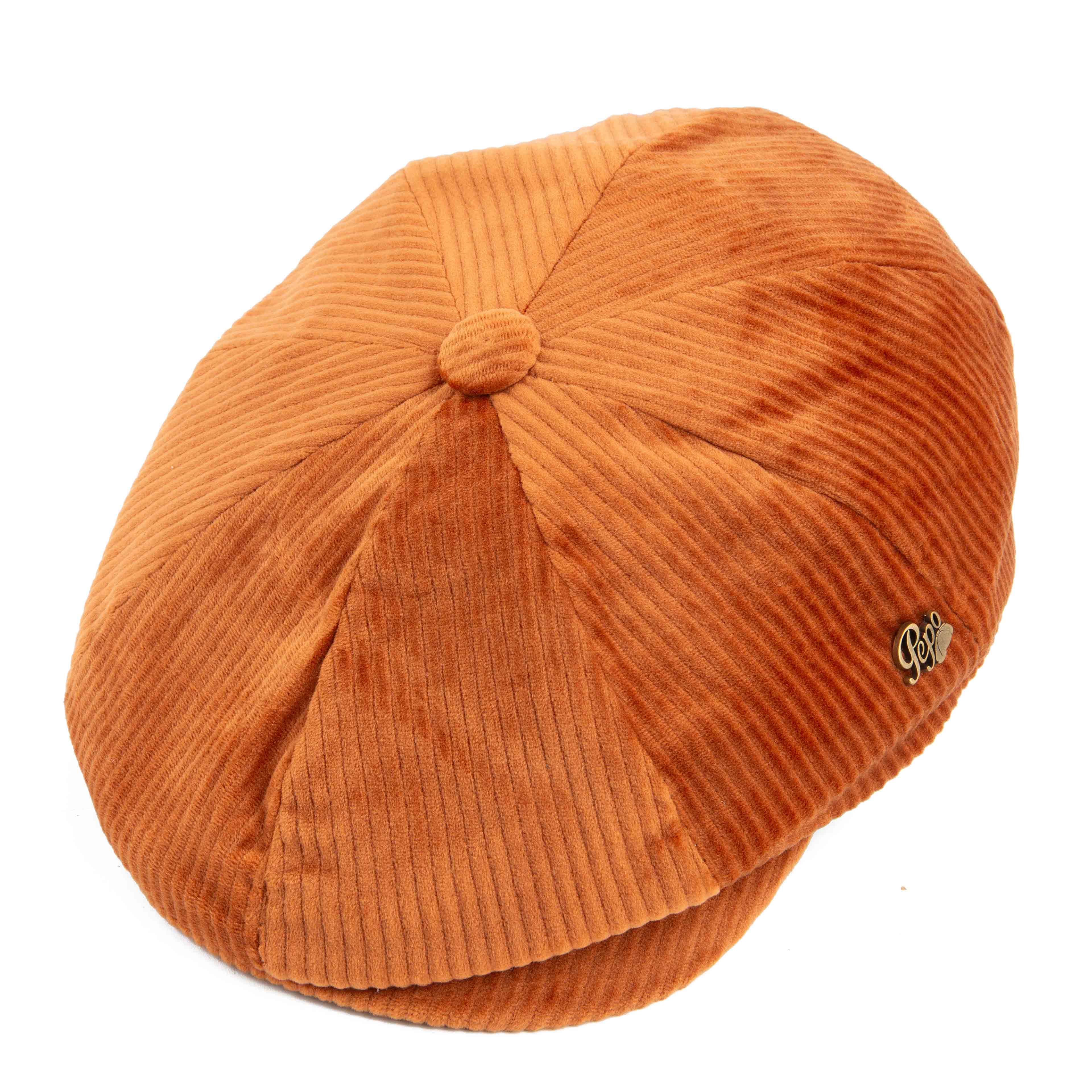 Burnt orange corduroy newsboy cap, unisex classic style, ribbed texture, vintage fashion accessory
