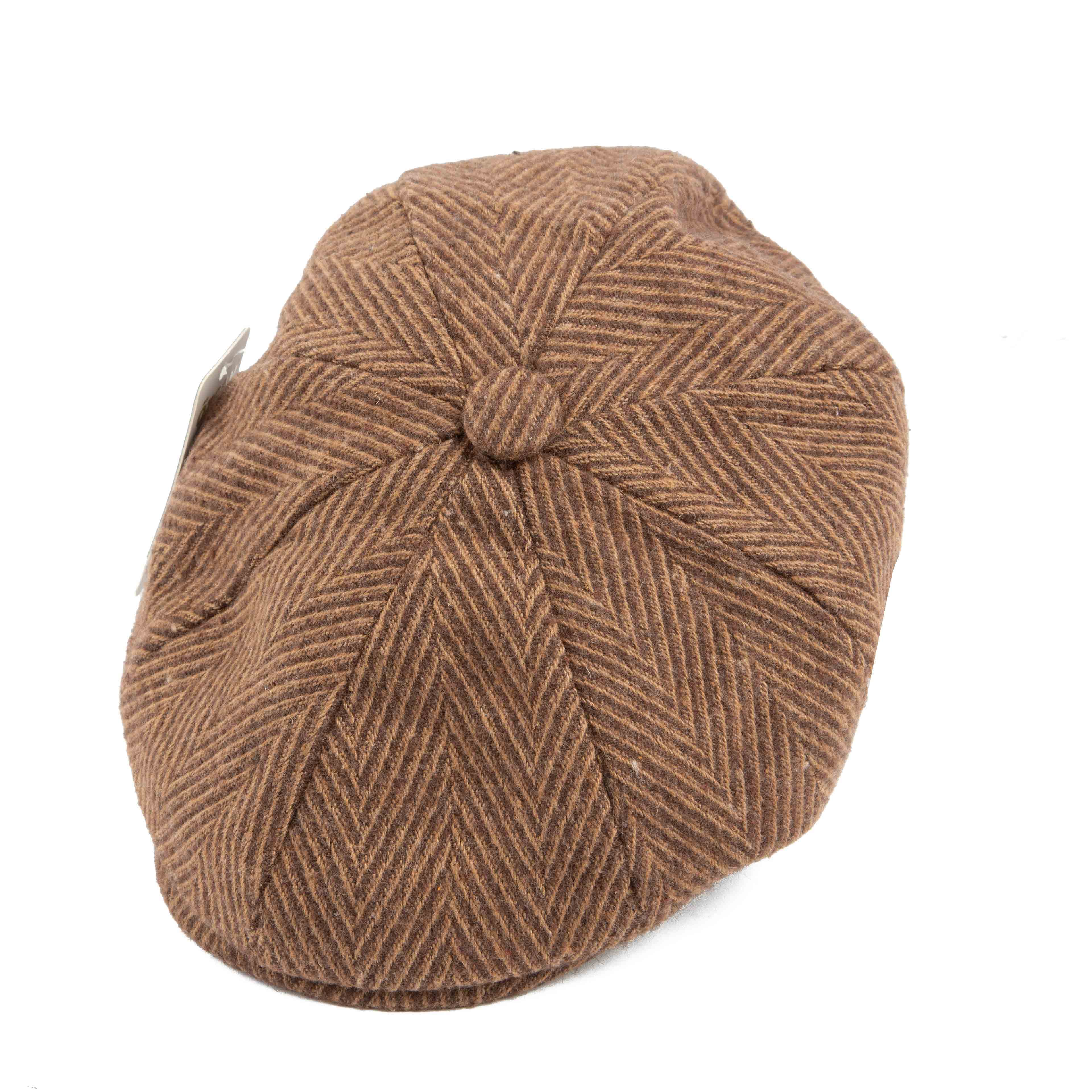 Brown herringbone newsboy cap, classic unisex style, textured fabric, vintage fashion accessory"