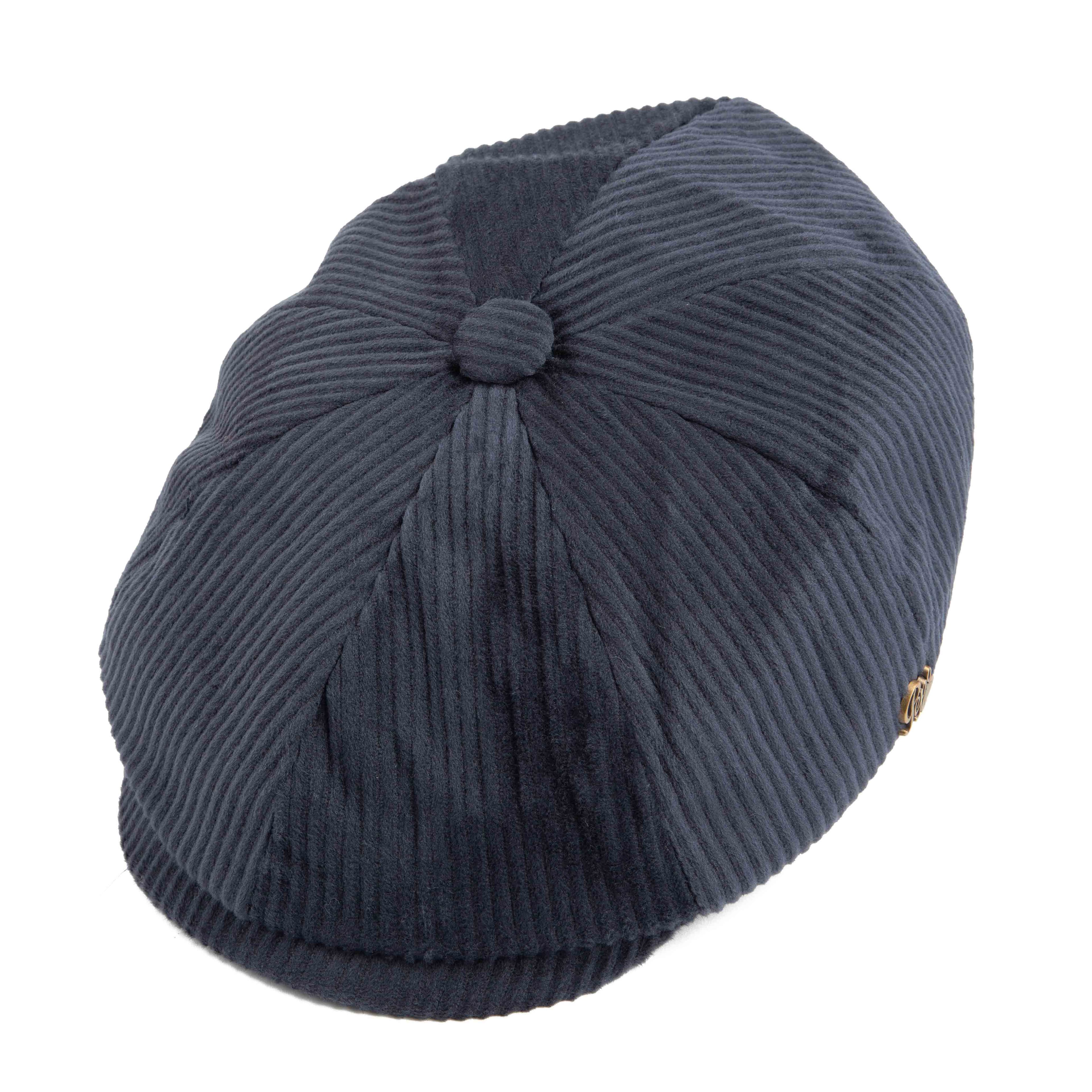 Navy blue corduroy newsboy cap, classic unisex style, ribbed texture, vintage fashion accessory