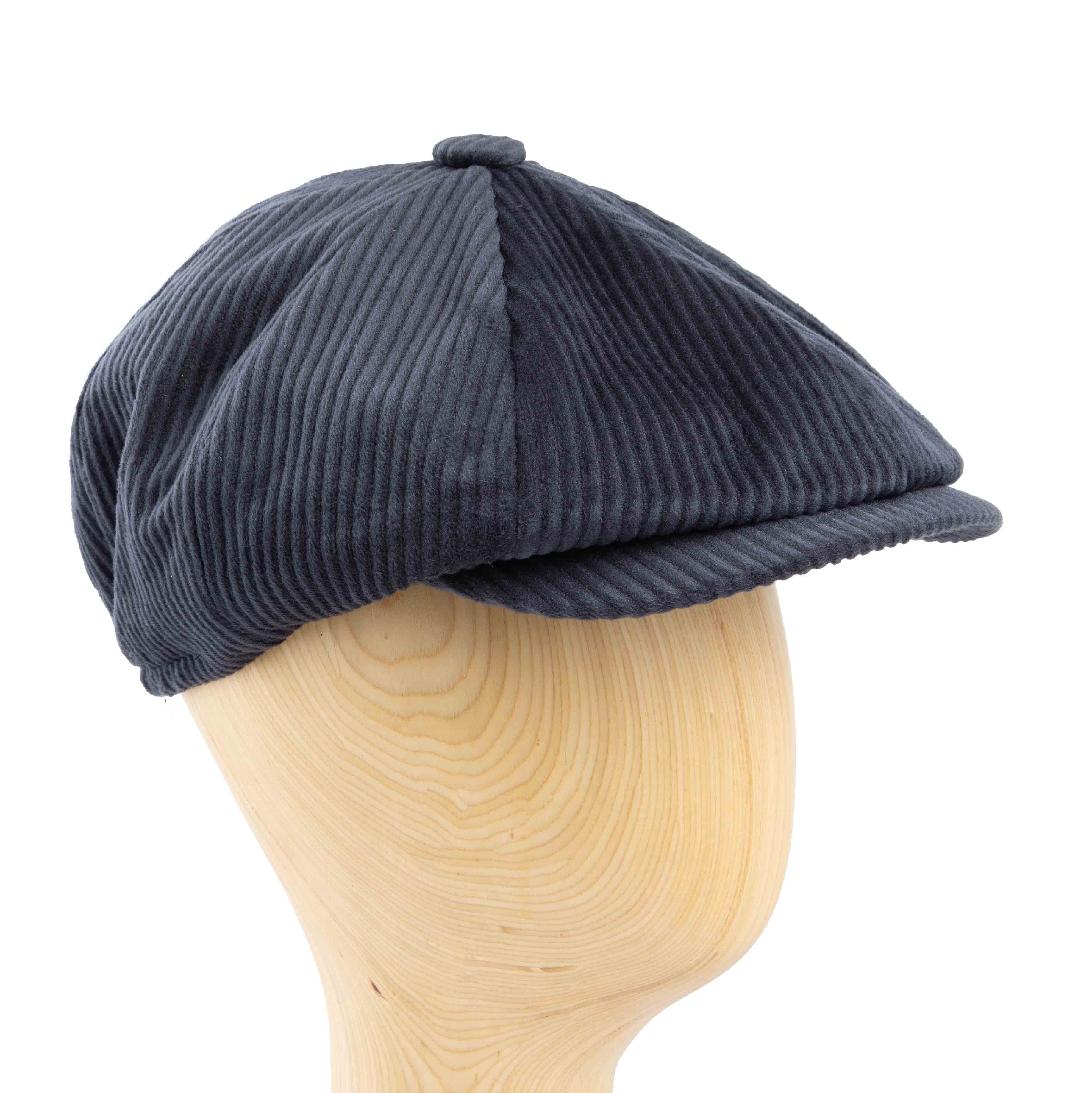 Navy blue corduroy newsboy cap, classic unisex style, ribbed texture, vintage fashion accessory