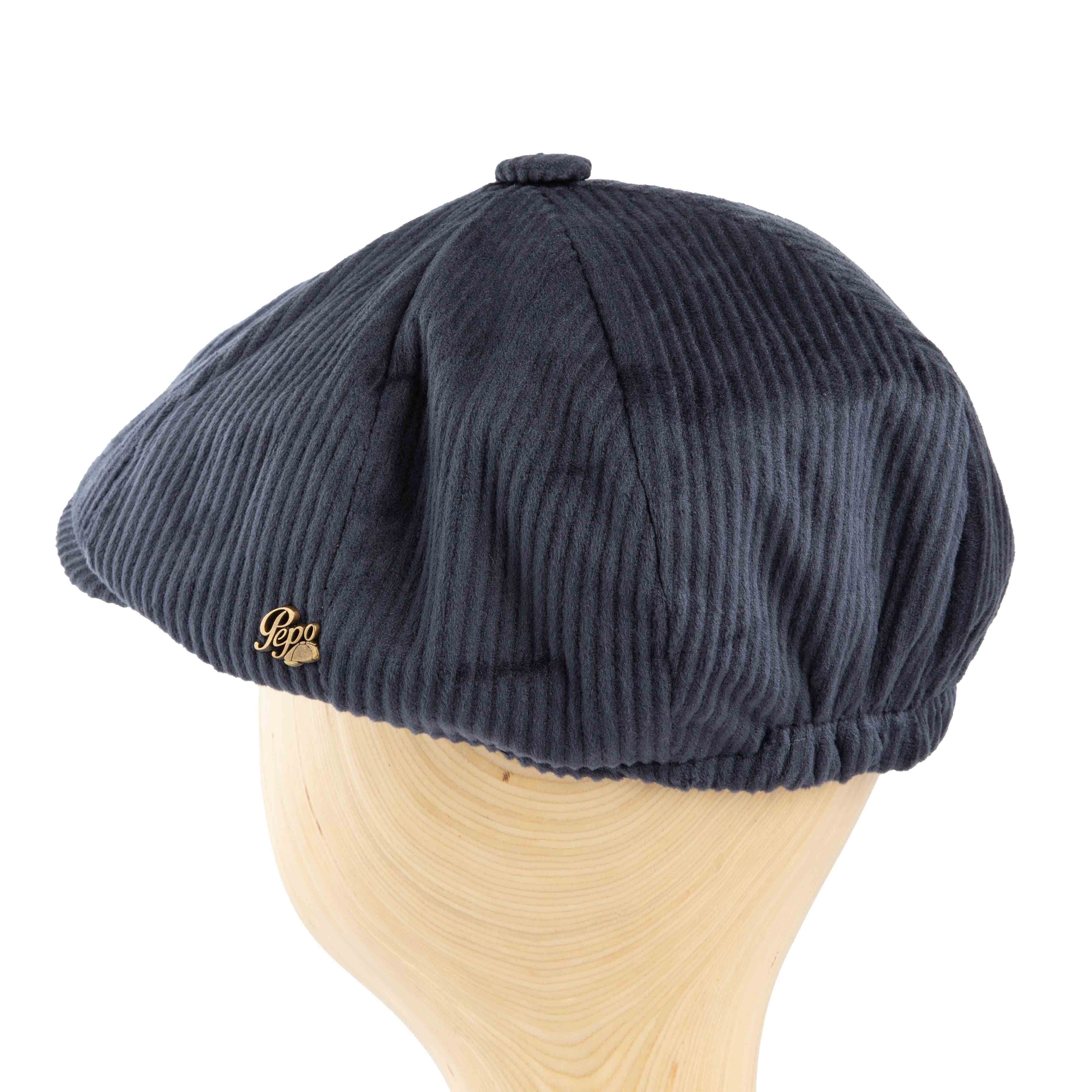 Navy blue corduroy newsboy cap, classic unisex style, ribbed texture, vintage fashion accessory