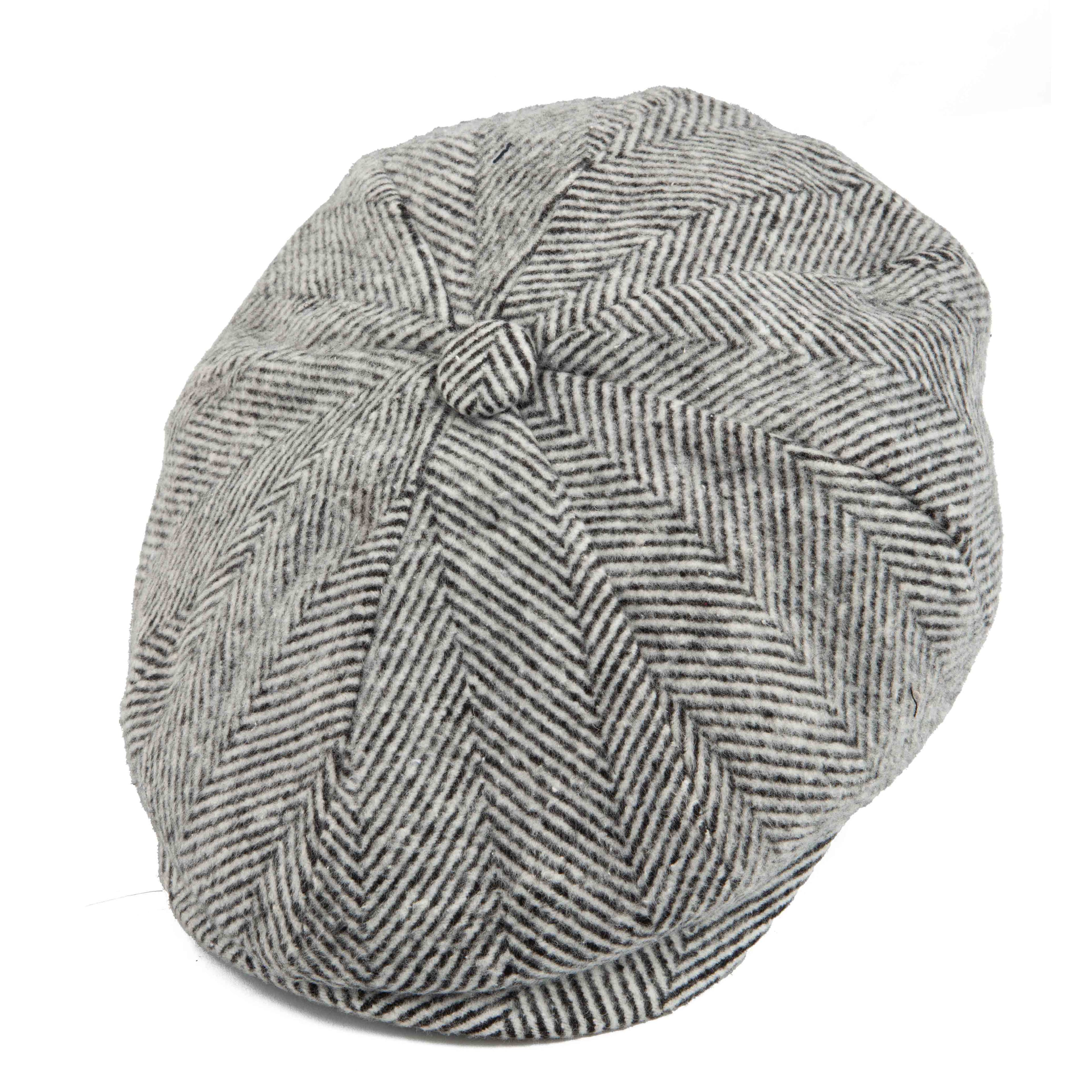 This is a classic newsboy cap featuring a prominent herringbone pattern in shades of grey and black.
