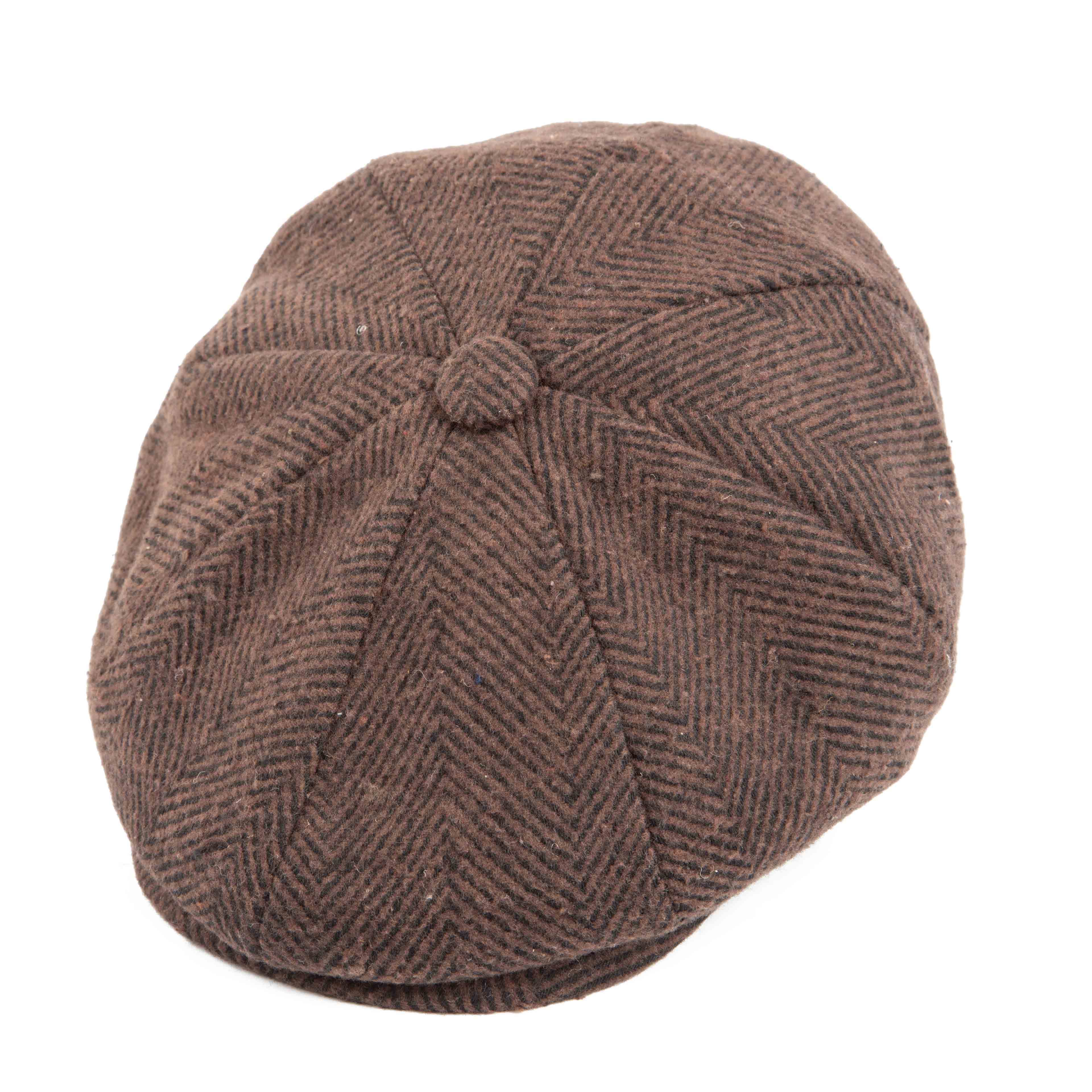 Brown herringbone newsboy cap - classic unisex style with textured weave.